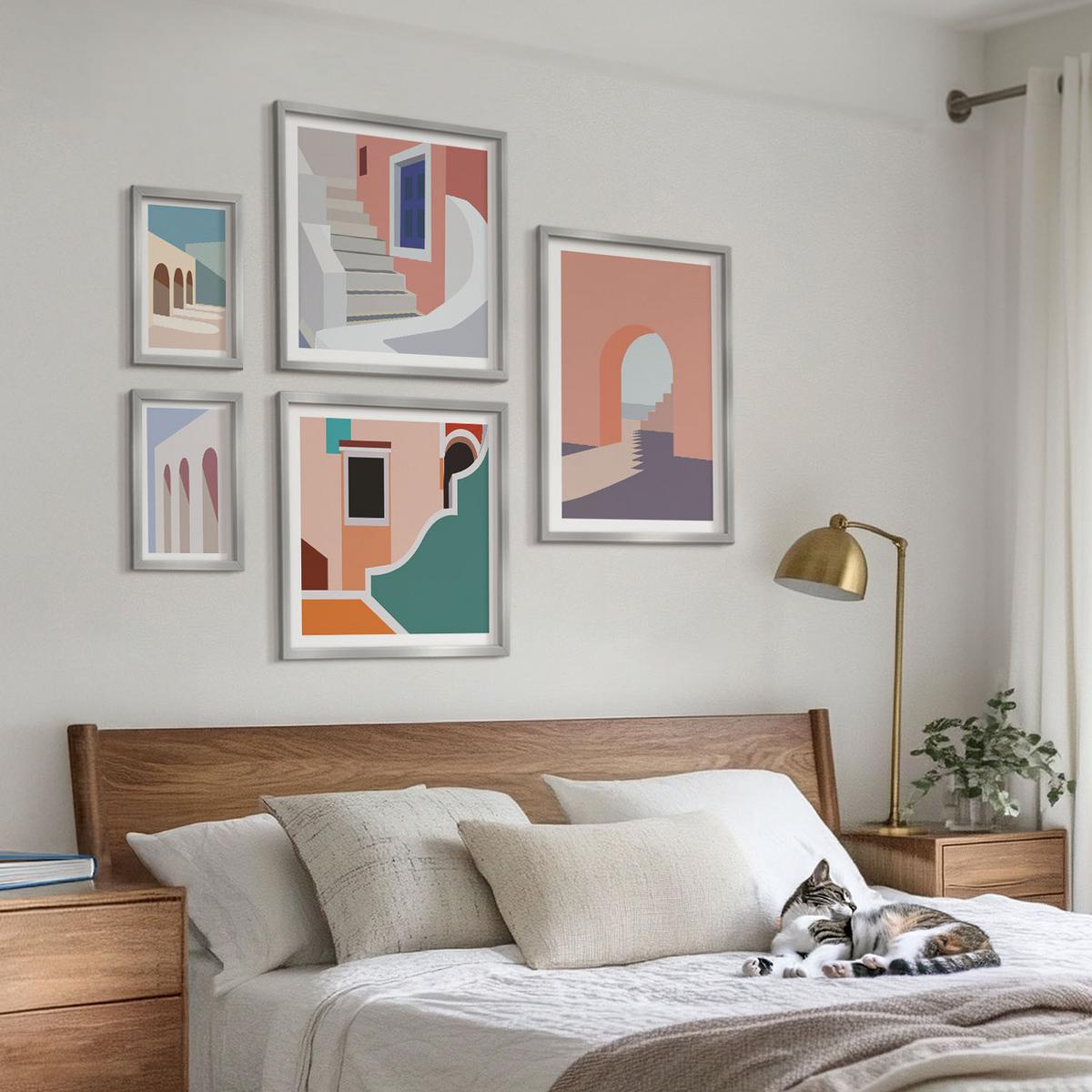 BILDER SET 5er Set - 50x50 cm & 20x30 cm & 40x60 cm Silberner Rahmen - Minimalistische Pastellgrafiken - Silberfarben, Kunststoff (40/60cm) - TULUP