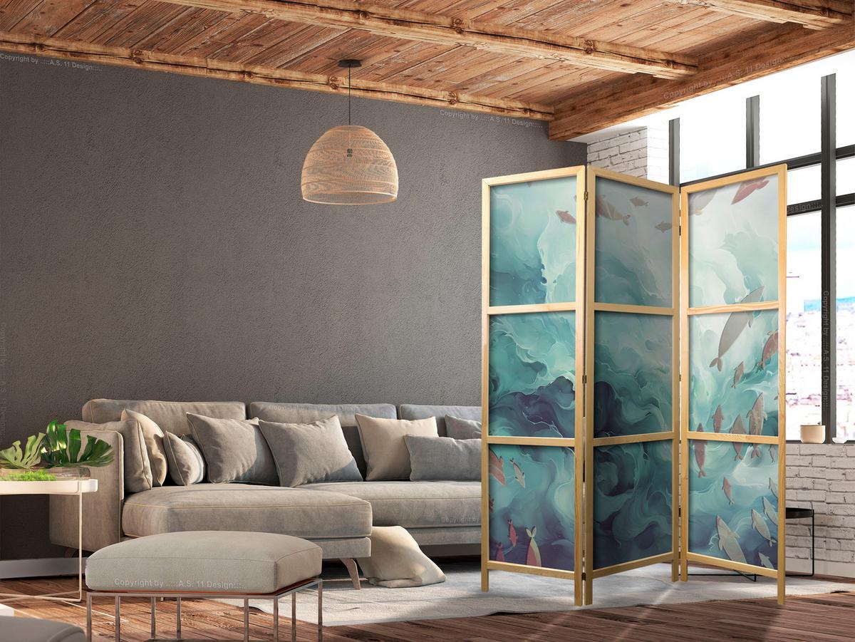 PARAVENT Japanischer 3-tlg 135x172 cm Fische im Meer - Grün, Holz/Textil (135/172/3cm) - Muralo
