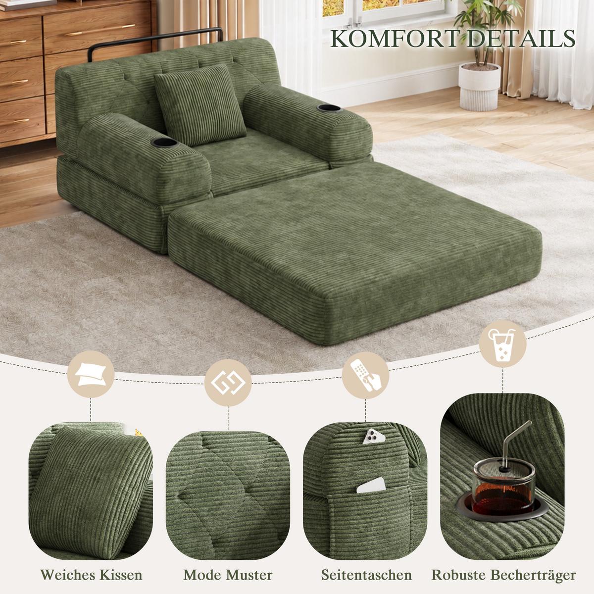 SCHLAFSOFA Cord mit Schlaffunktion, Getränkehalter & Taschen - Grün, Textil (107/81/80cm) - Urban Meuble