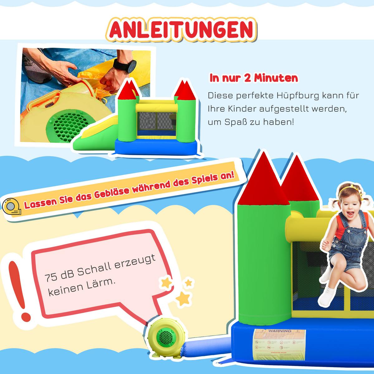 AUFBLASBARE Hüpfburg mit Gebläse, Outdoor Spielburg mit Rutsche, Trampolin - Multicolor, Kunststoff (300/180/160cm) - HOMCOM
