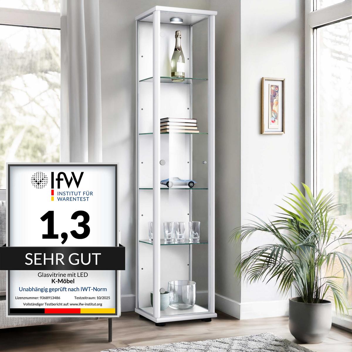 GLASVITRINE 33/37/176 cm mit LED & 4 höhenverstellbaren Glasböden - Transparent/Silberfarben, Glas/Holzwerkstoff (37/176/33cm) - K-Möbel