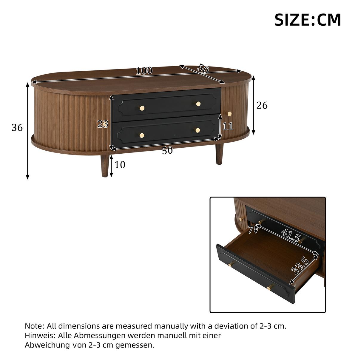 COUCHTISCH Walnuss Retro mit 2 Schubladen & Rolltür - Walnussfarben, Holzwerkstoff (50/100/36cm) - Urban Meuble
