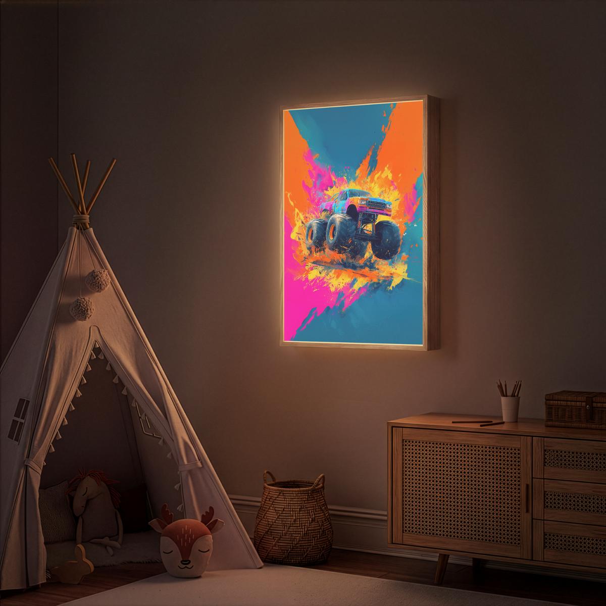 NACHTTISCHLAMPE MIT AKKU Monstertruck - Abstrakt - Farbspritzer - Farbenfroh 70x100 cm - Pink, Holzwerkstoff (8/70/100cm) - OnlyWow