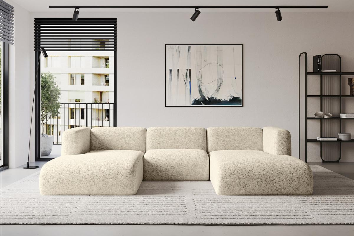 WOHNLANDSCHAFT MIRA-U1 317x179x70 Creme Velours - Creme/Schwarz, Holzwerkstoff/Kunststoff (317/70/179cm) - ALTDECOR