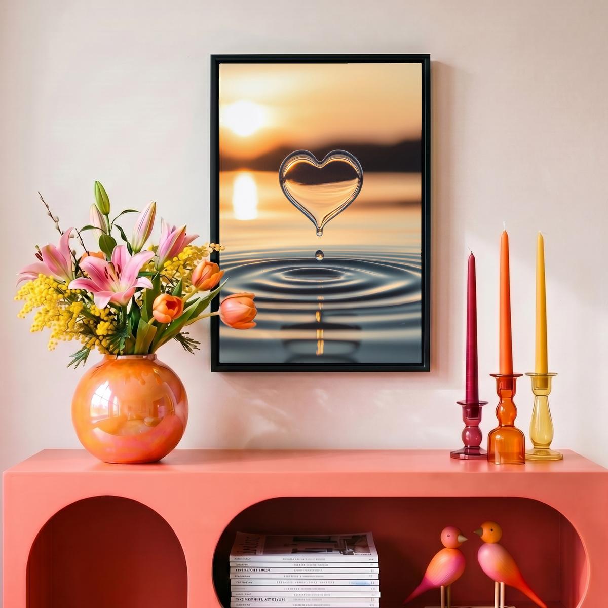 LEINWAND Bilder mit Rahmen - Herz - Wasser - Sonnenuntergang - Natur - Zen - 20x30 - Bernsteinfarben, Textil (20/30cm) - MuchoWow