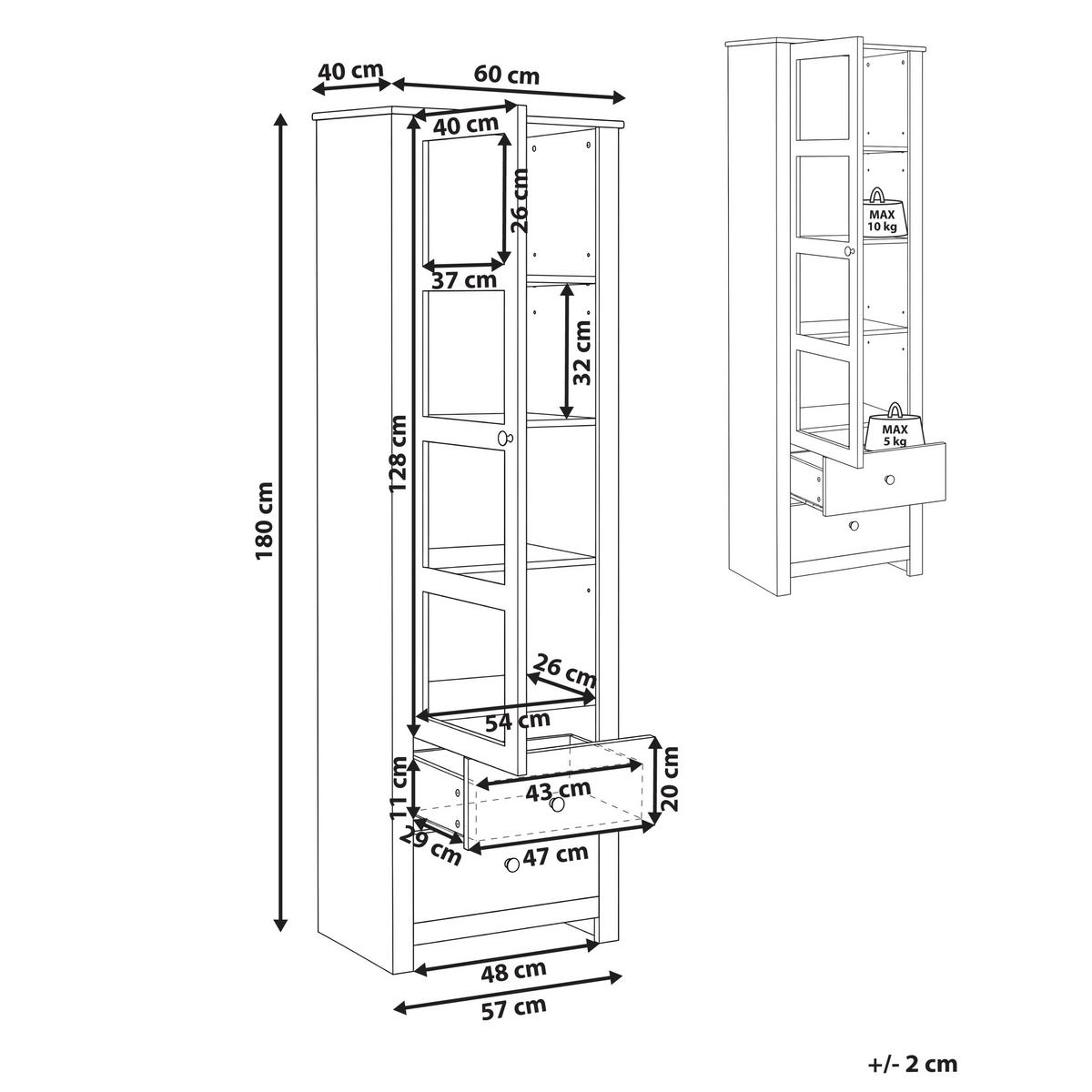 VITRINE mit Glastüren 60 cm Weiß Pimba - Dunkelbraun, Holzwerkstoff (60/180/40cm) - Beliani