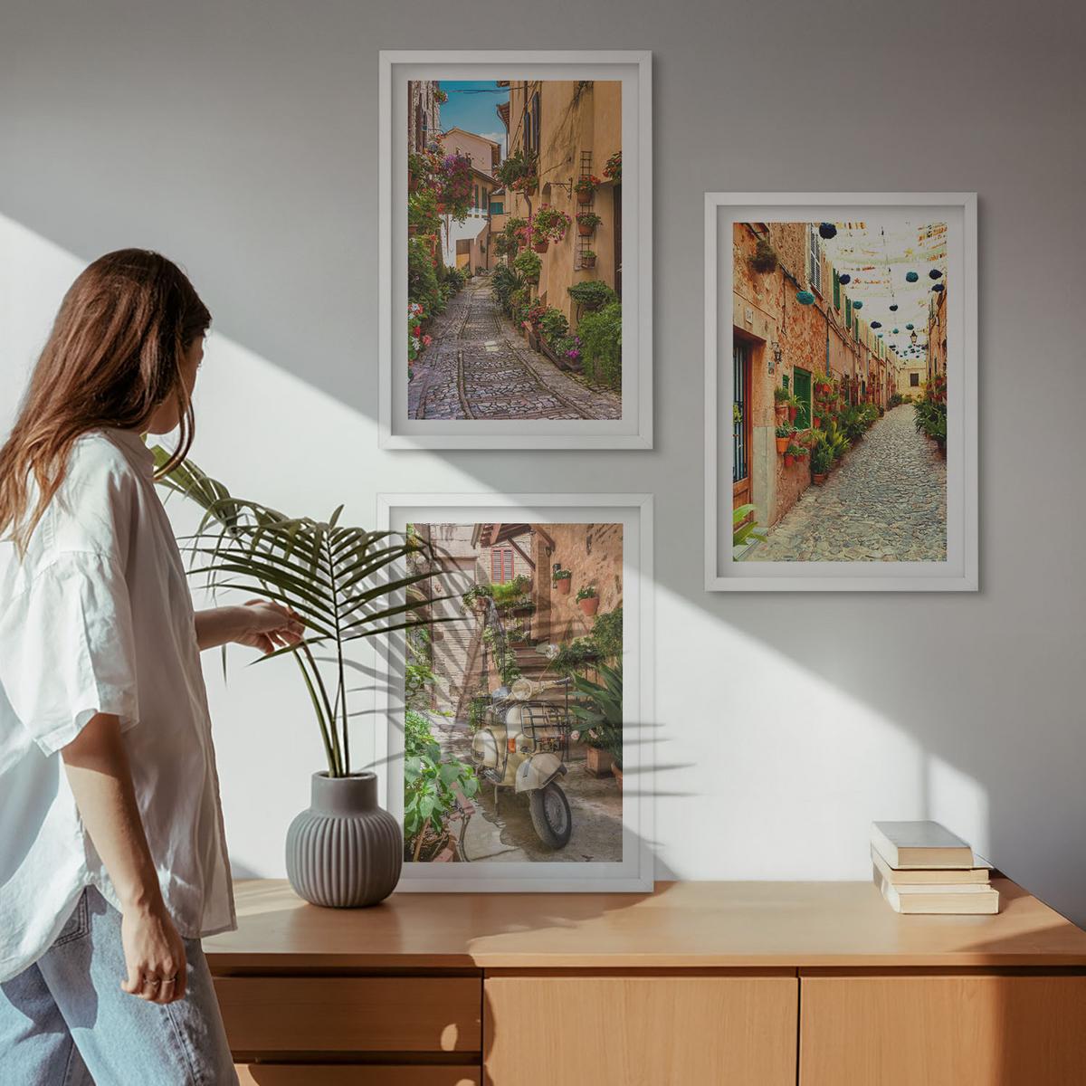 BILDER SET 3er Set - 40x60 cm Weißer Rahmen - Straßen, Blumen, italienisches Flair - Weiß, Kunststoff (40/60cm) - TULUP