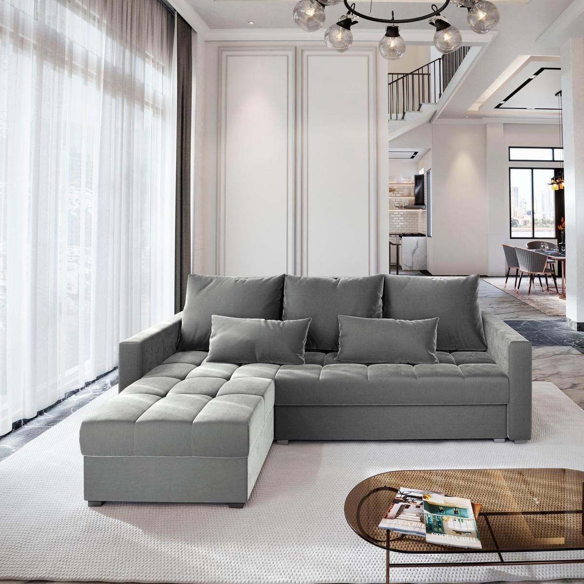 ECKSOFA KOS PIK Hellgrau Plüsch-Stoff mit Schlaffunktion - Hellgrau/Grau, Holz/Kunststoff (220/140cm) - MASSENO