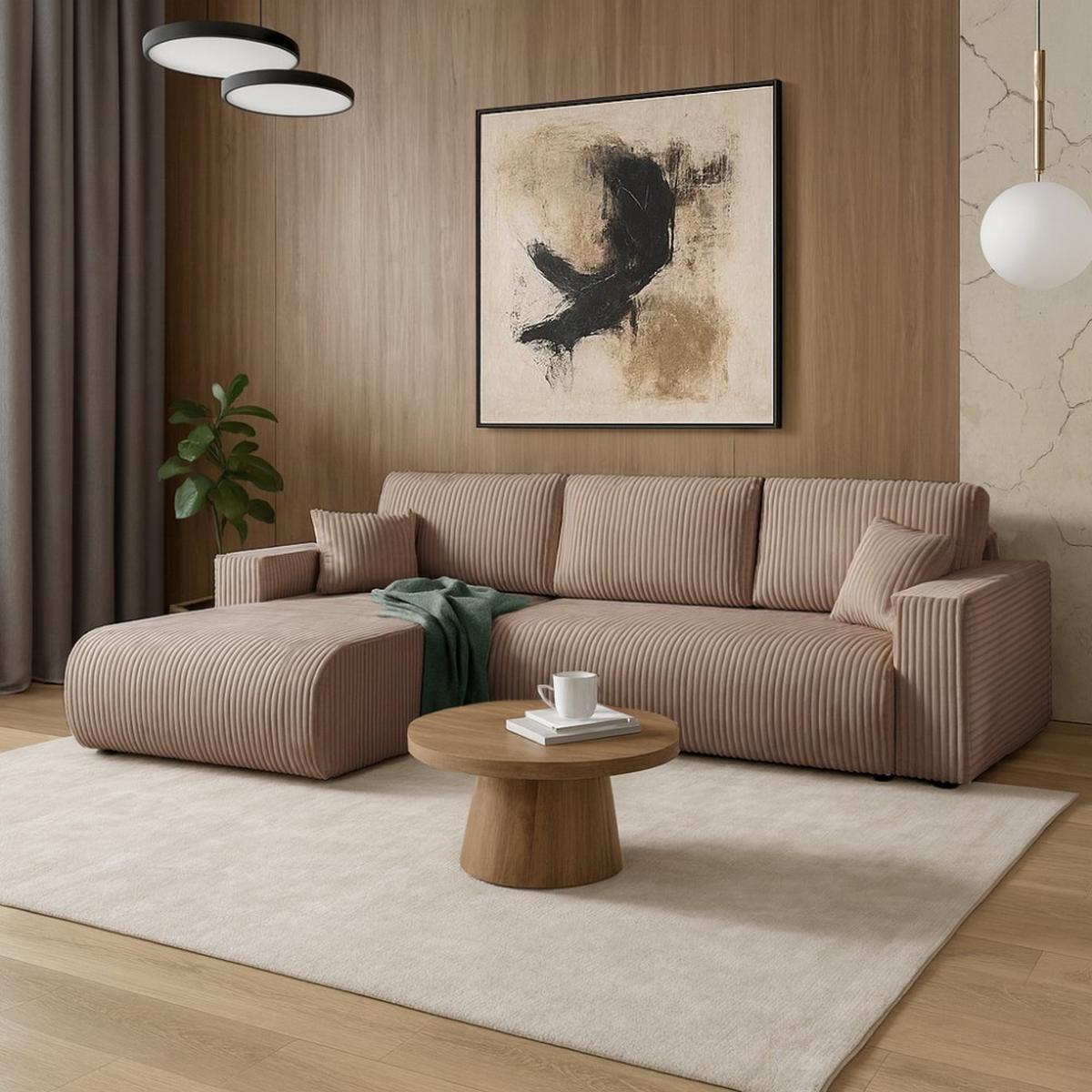 ECKSCHLAFSOFA Porto mit universelle Ottomane, Hellbraun - Hellbraun/Schwarz, Textil (288/190cm) - Beautysofa
