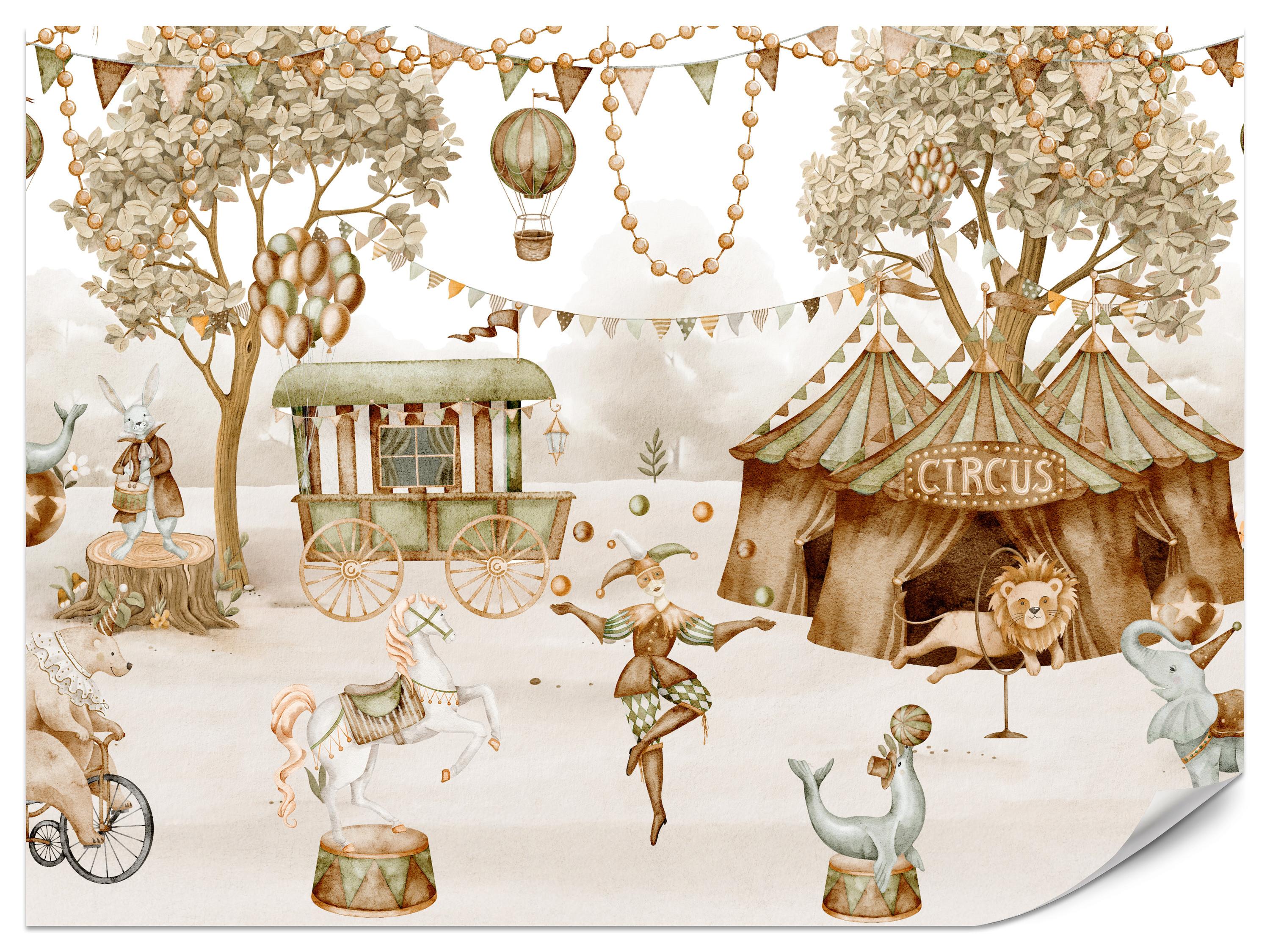 FOTOTAPETE für Kinderzimmer Zirkus Zelt Tiere Ballons Aquarell Bäumes 400x280 - Ecru/Beige, Papier (400/280cm) - Muralo