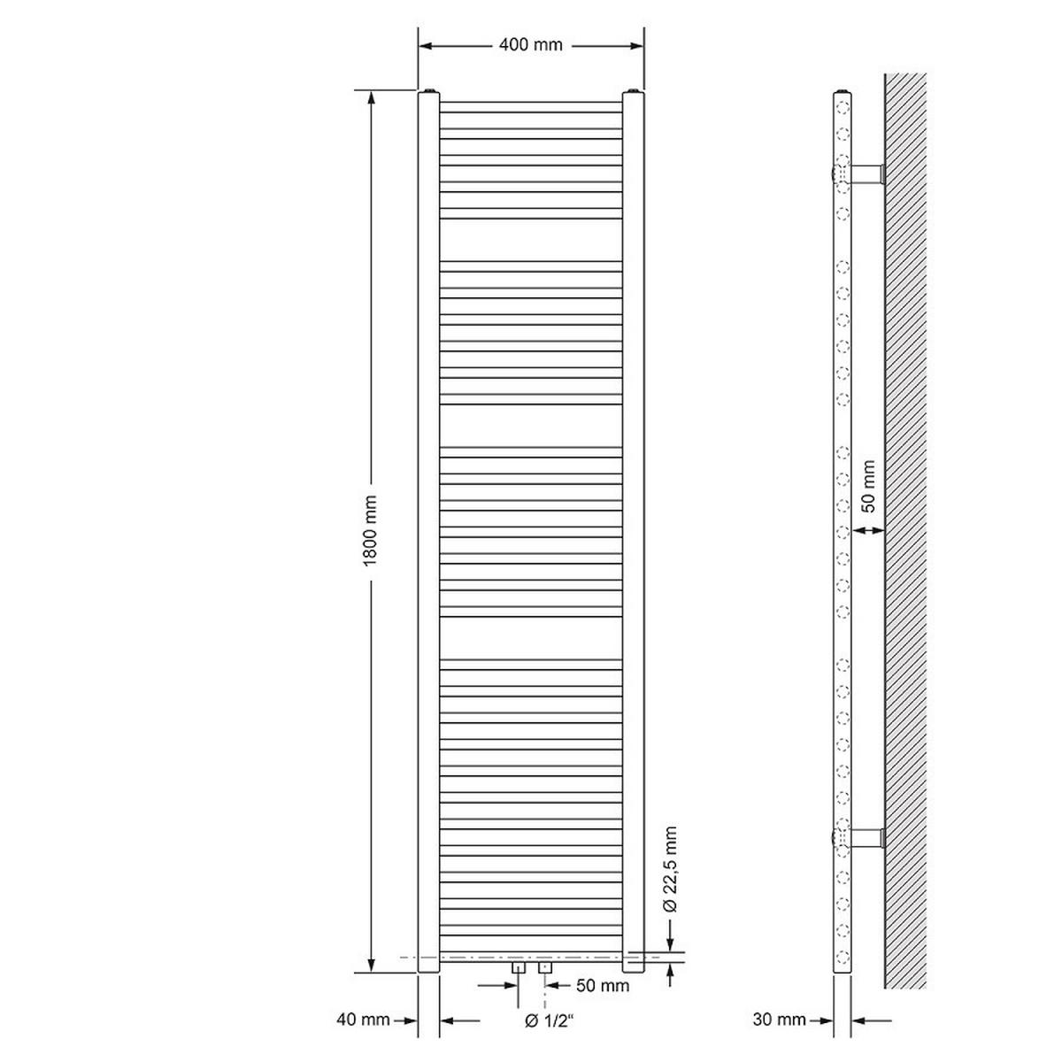 BADHEIZKÖRPER Sahara 400x1800 mm Weiß gerade mit Mittelanschluss - Weiß, Metall (40/180/3cm) - LuxeBath