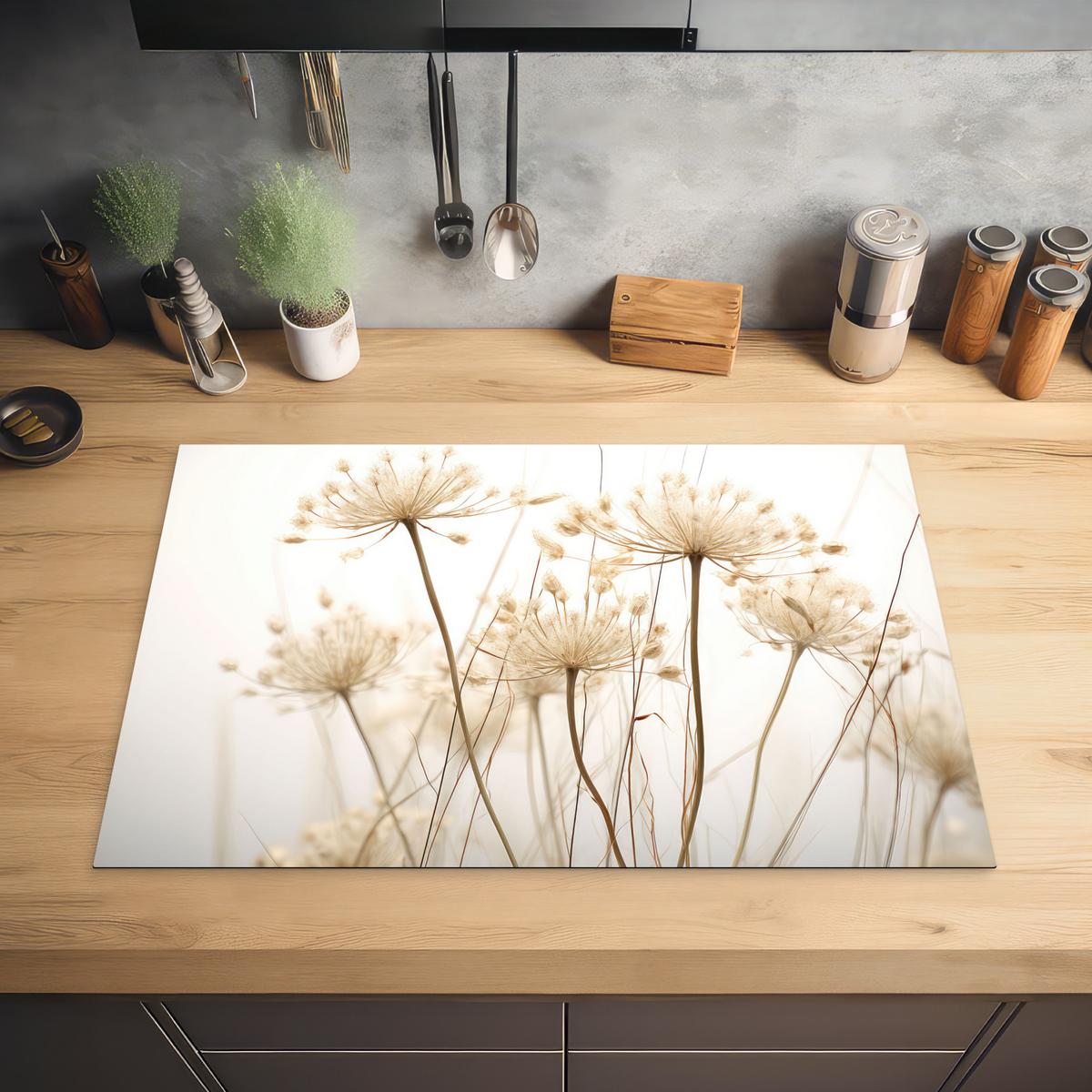 HERDABDECKPLATTE Blumen - Weiß - Sonnenlicht Ceranfeldabdeckung 76x51.5 cm - Ecru, Kunststoff (76/51.5/0.2cm) - MuchoWow