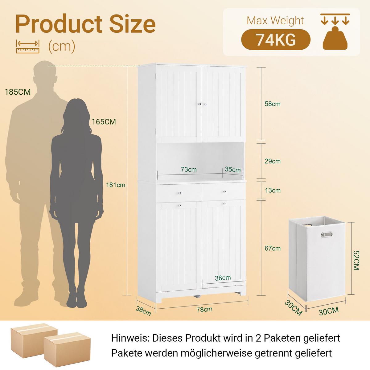 BADEZIMMERSCHRANK schmal, 78 x 181 x 38 cm, mit 2 Wäschekörben, 2 Schubladen und offenem Regal, weiß - Weiß, Holzwerkstoff (78/181/38cm) - SoBuy