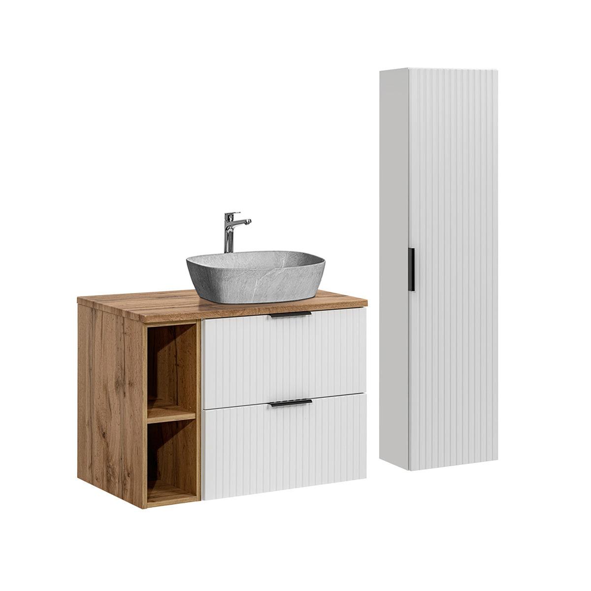 BADMÖBEL 80.6cm Adriel 2er-Set Weiß, Holz und Stein - Weiß, Holzwerkstoff (80.6/59/46cm) - Petits-meubles