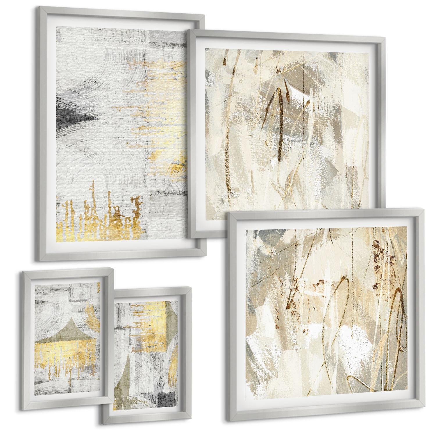 BILDER SET 5er Set - 50x50 cm & 20x30 cm & 40x60 cm Silberner Rahmen - Abstrakte minimalistische Muster - Silberfarben, Kunststoff (40/60cm) - TULUP