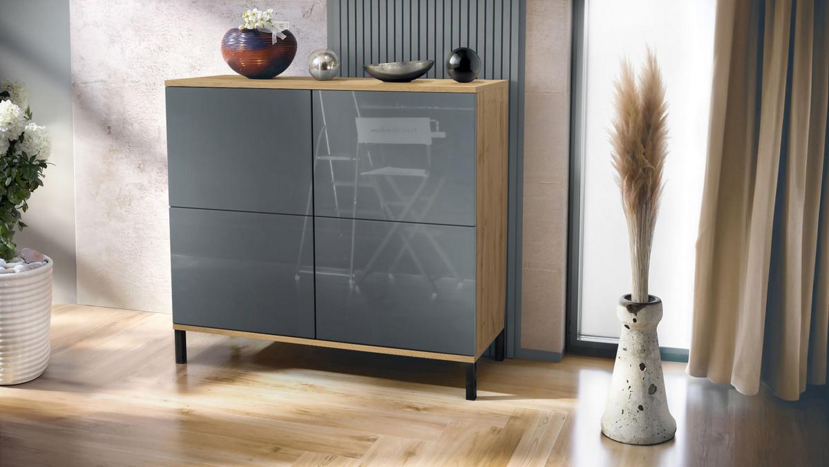 KOMMODE Rova Grau Hochglanz - Grau, Holzwerkstoff (92.5/83.5/35cm) - Vladon