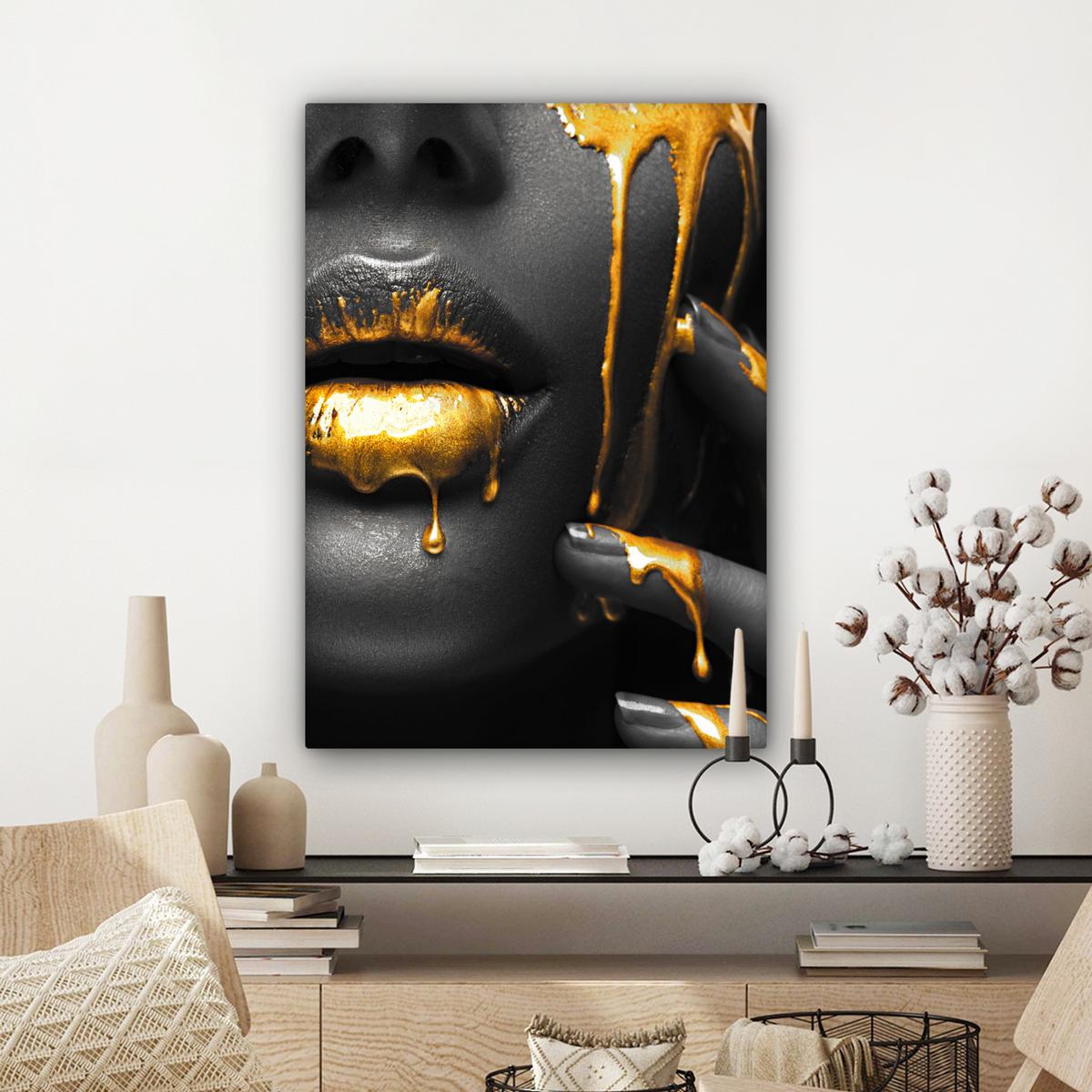 LEINWANDBILD Frau - Schwarz - Gold - Gesicht - Lippen Wandbild Wohnzimmer 60x80 cm - Goldfarben, Textil (60/80cm) - MuchoWow