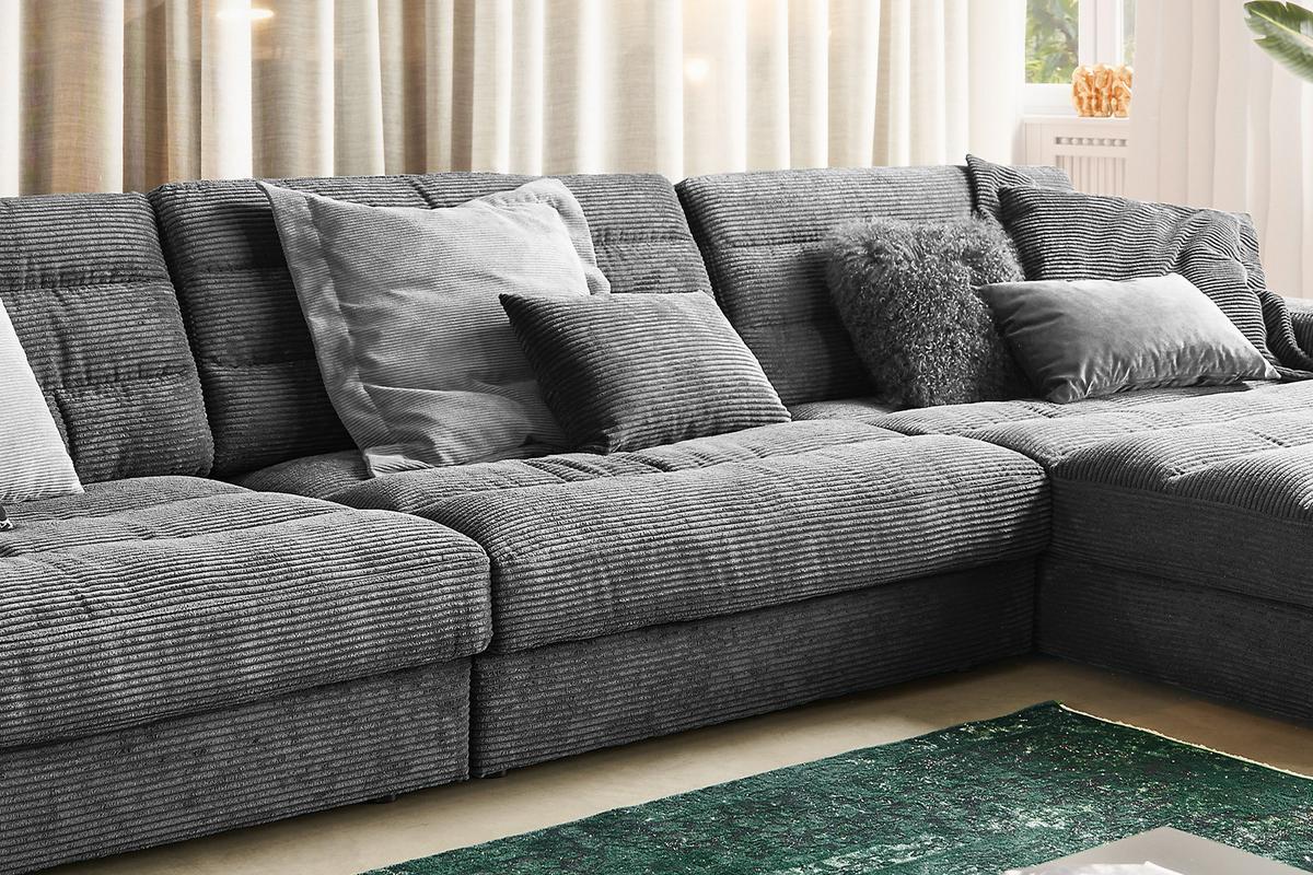 ECKSOFA XL LANA Grau Cord - Schwarz/Grau, Textil (416/205cm) - KAWOLA