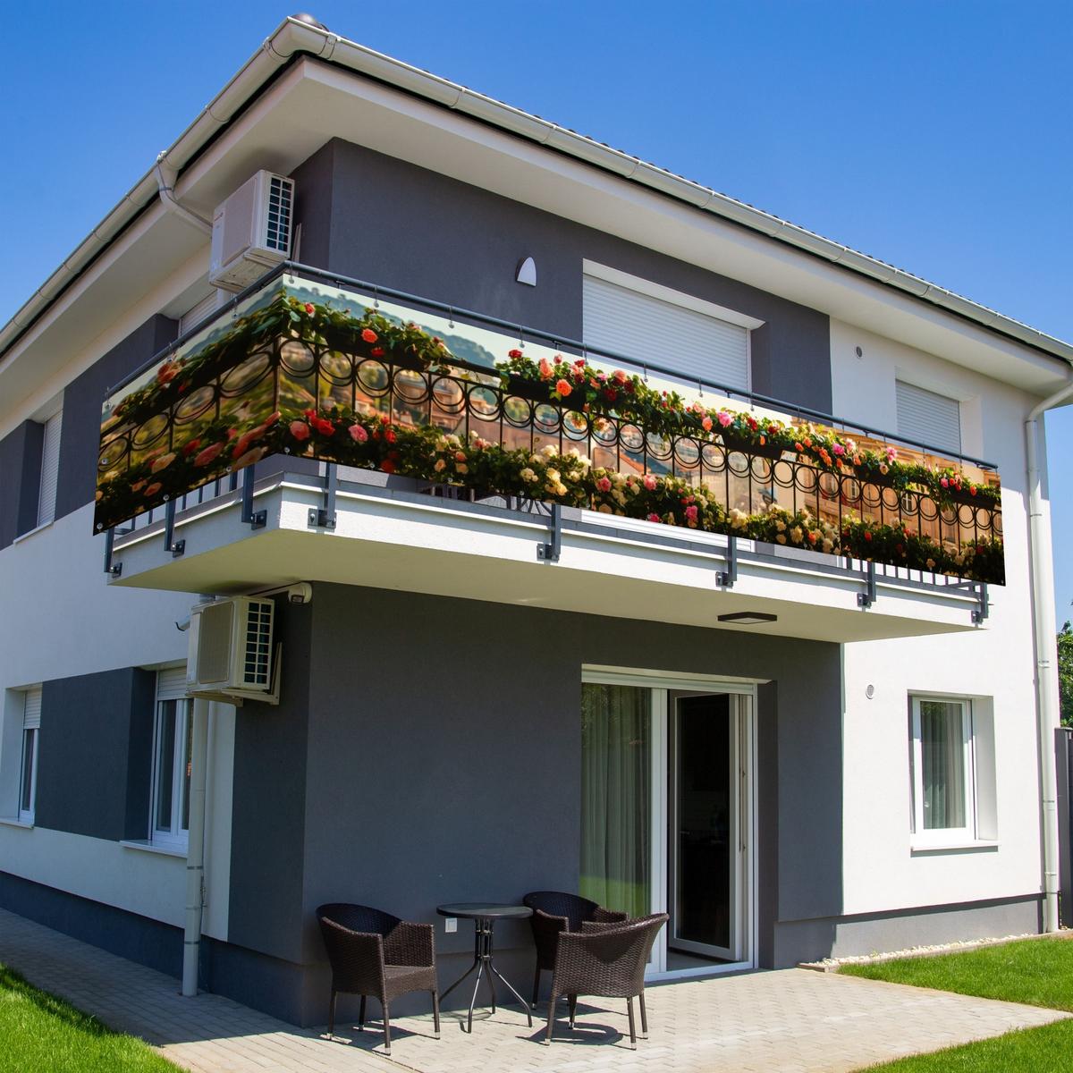 BALKON-SICHTSCHUTZ Blumen - Zaun - Stadtbild - Sommer Balkon Deko 500x75 cm - Pink, Kunststoff (500/75cm) - MuchoWow