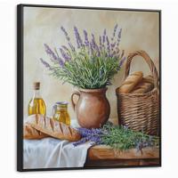 LEINWAND Bilder mit Rahmen - Lavendel - Brot - Stilleben - 90x90 - Flieder, Textil (90/90cm) - MuchoWow