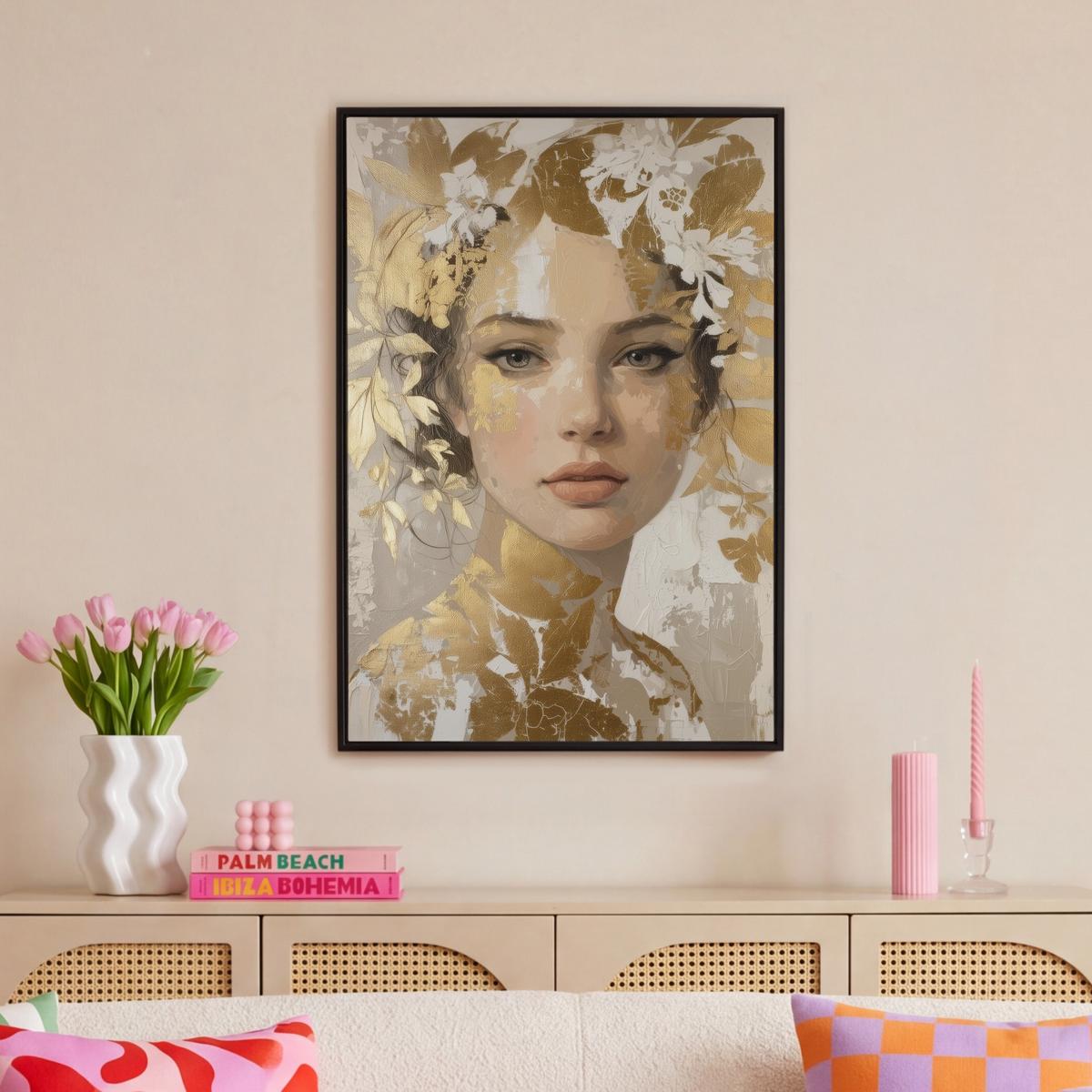 LEINWAND Bilder mit Rahmen - Gesicht - Frau - Blätter - Gold - 60x90 - Beige, Textil (60/90cm) - MuchoWow
