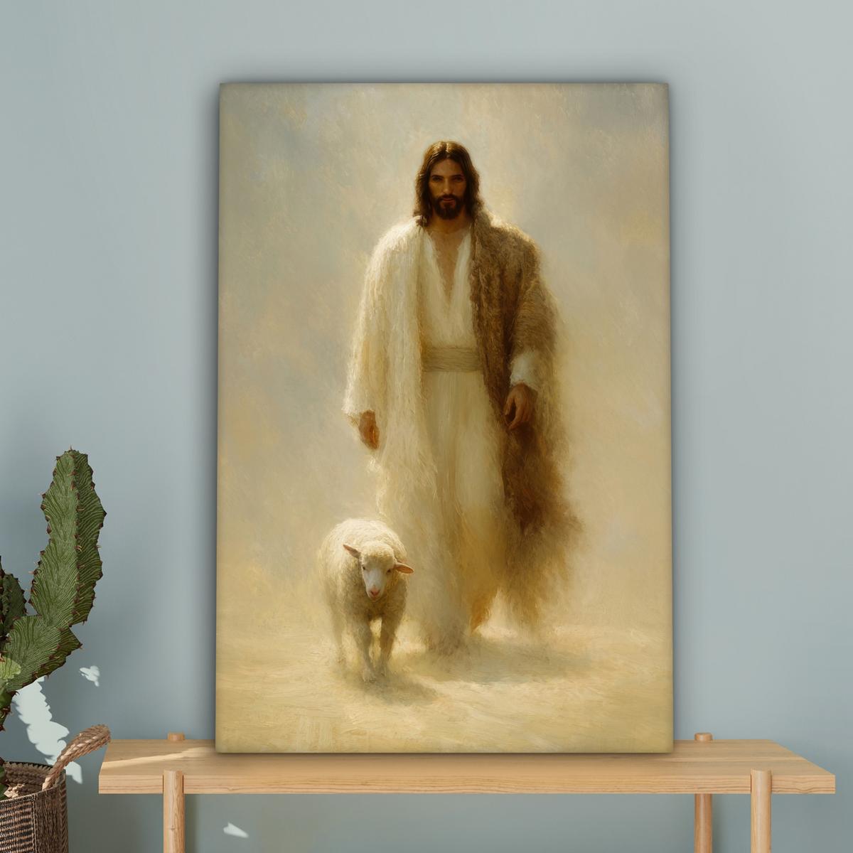 LEINWANDBILD Schaf - Jesus - Pinselstriche - Abstrakt Wanddeko Schlafzimmer 60x90 cm - Sandfarben, Textil (60/90cm) - MuchoWow