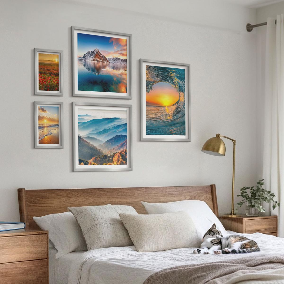 BILDER SET 5er Set - 50x50 cm & 20x30 cm & 40x60 cm Silberner Rahmen - Landschaften aus Bergen und Meeren im Westen - Silberfarben, Kunststoff (40/60cm) - TULUP