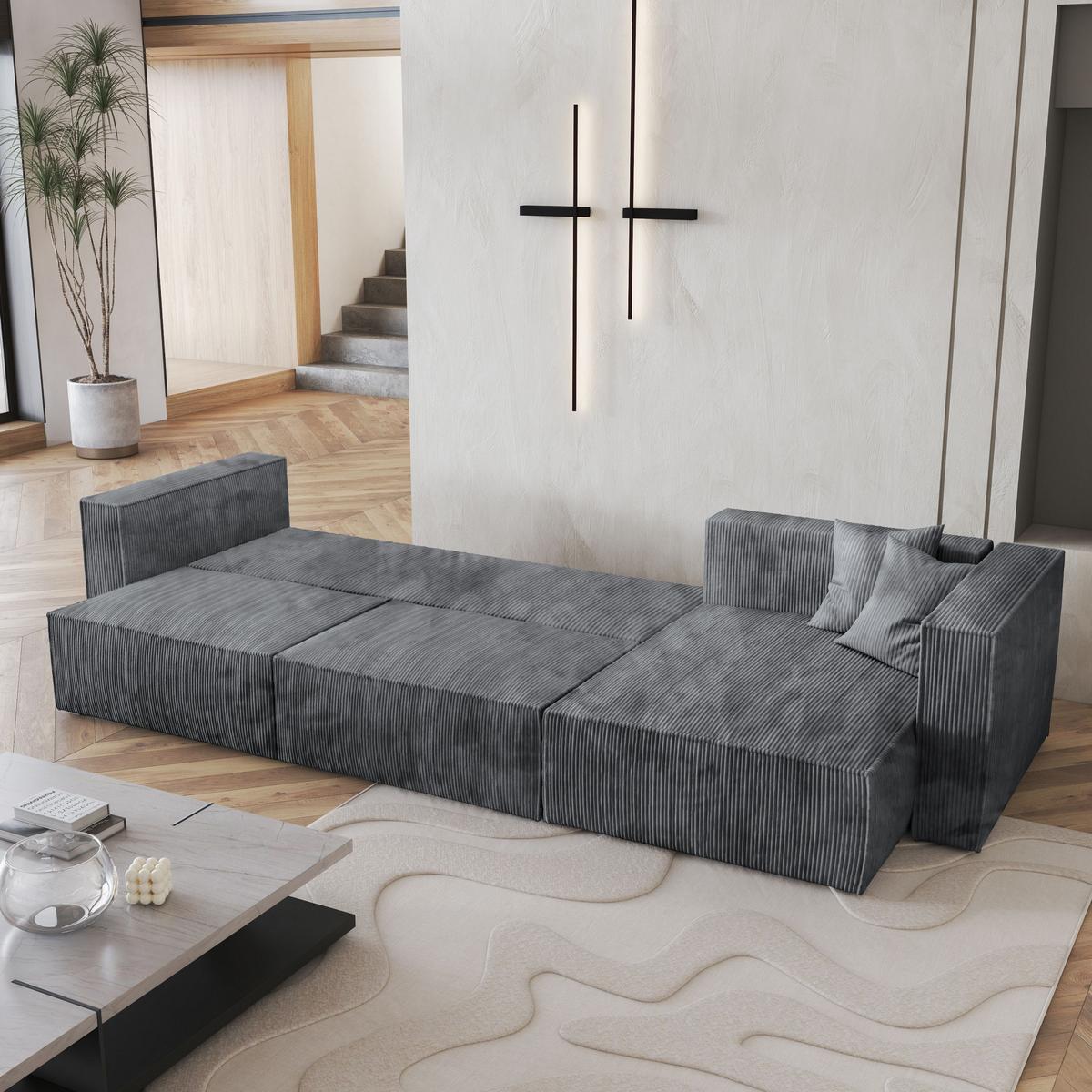 ECKSOFA TOLMO P Grau Kordstoff mit Schlaffunktion - Grau, Holz/Kunststoff (347/148cm) - MASSENO