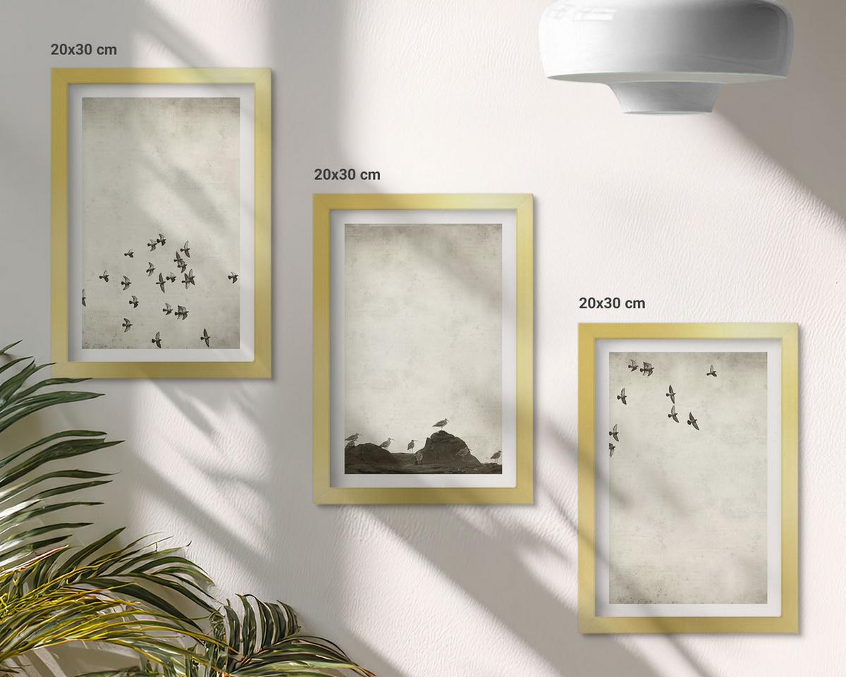 BILDER SET 3er Set - 20x30 cm Goldrahmen - Vögel im Flug, minimalistischer Stil - Goldfarben, Kunststoff (20/30cm) - TULUP