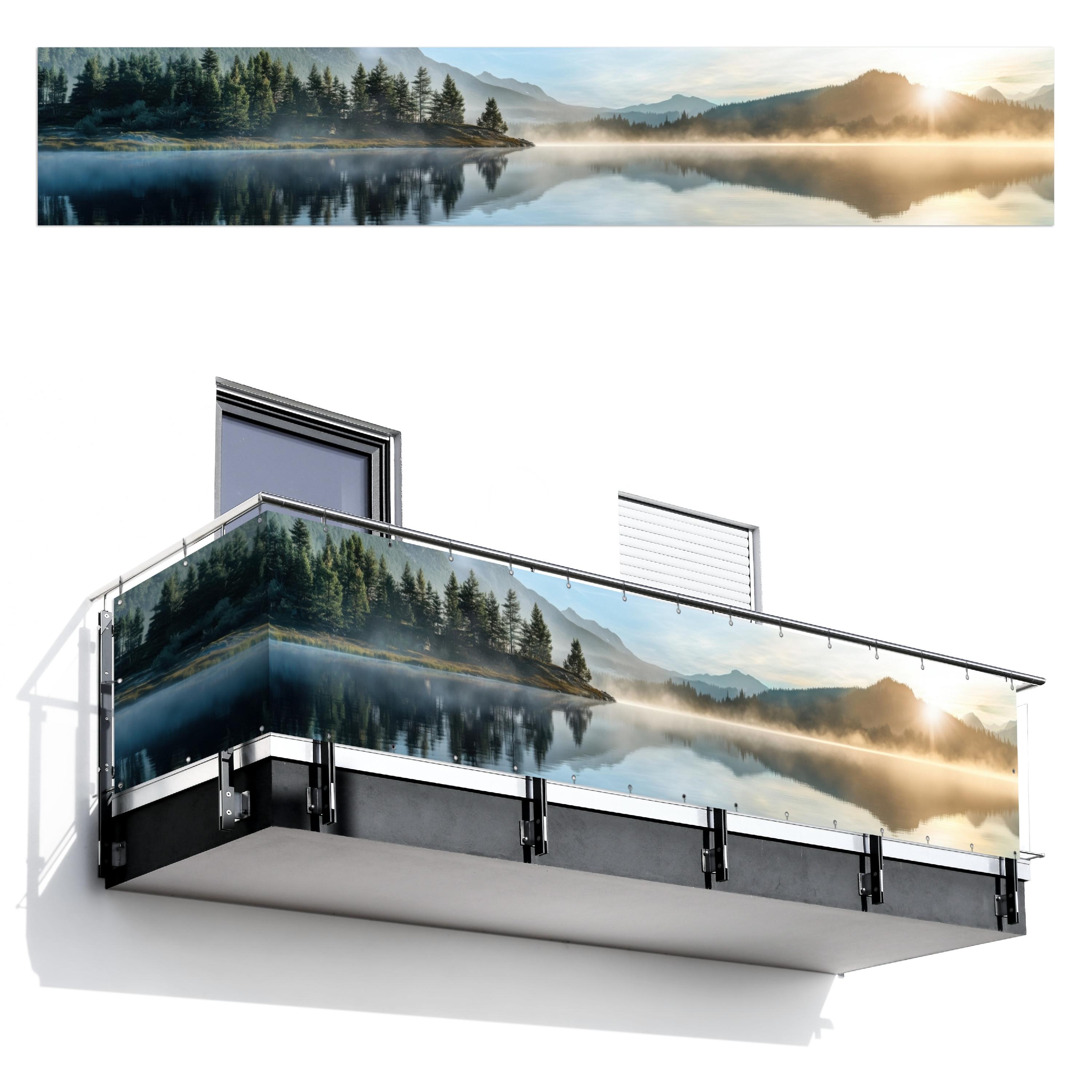 BALKON-SICHTSCHUTZ See - Nebel - Berge - Landschaft Groß 500x90 cm - Hellblau, Kunststoff (500/90cm) - MuchoWow
