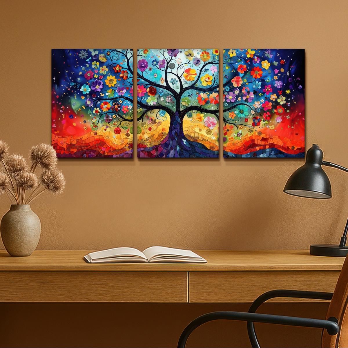 LEINWANDBILD 3er Set Bunt - Baum des Lebens - Blumen - Abstrakt 90x40 cm - Blau, Textil (90/40cm) - MuchoWow