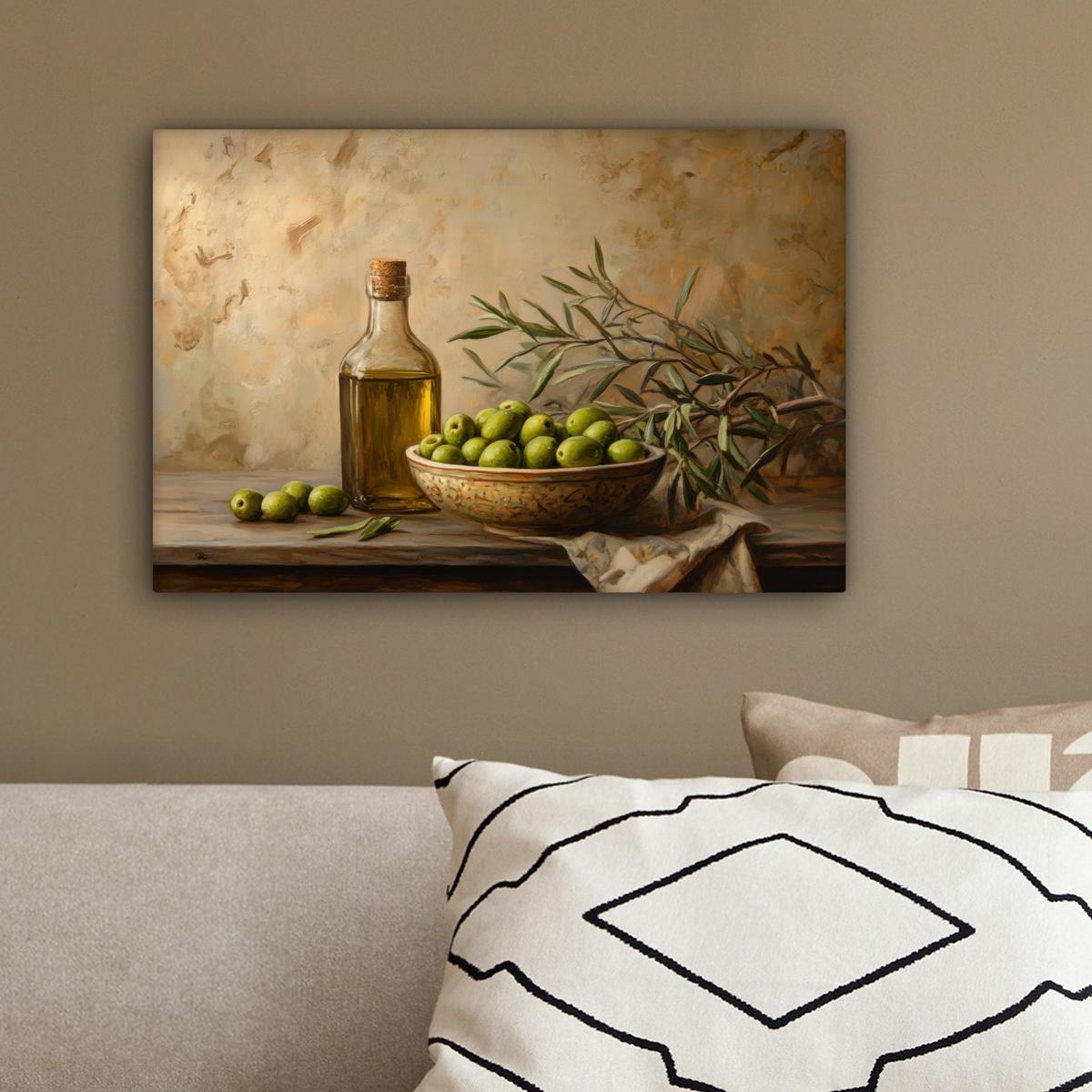 LEINWANDBILD Oliven - Stilleben - Vintage Deko Schlafzimmer 30x20 cm - Olivgrün, Textil (30/20cm) - MuchoWow