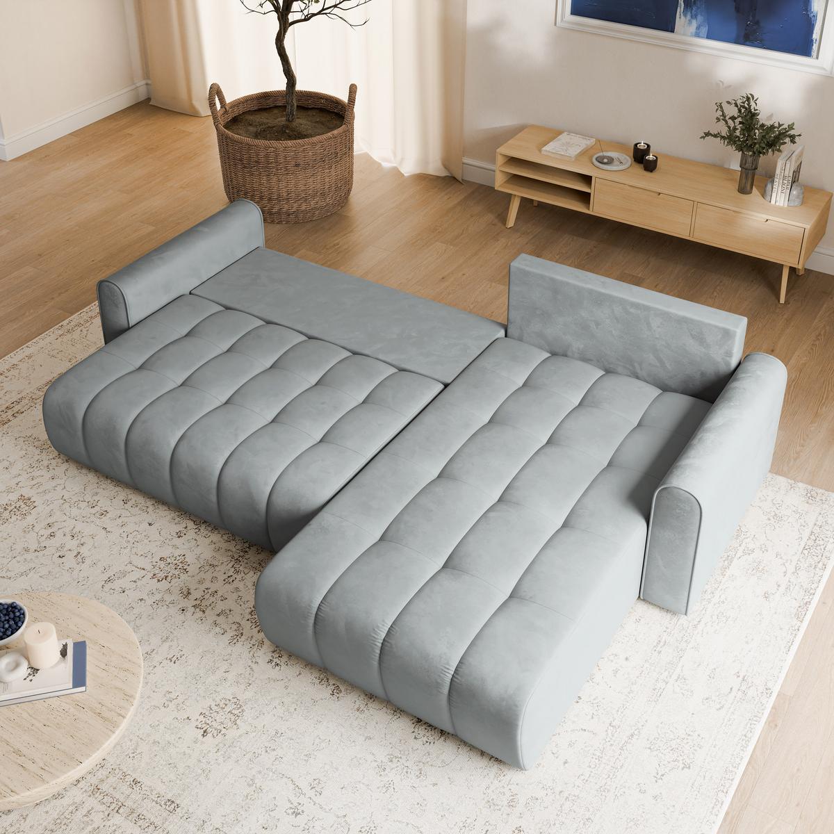 ECKSOFA FRIGA Hellgrau Velours-Stoff mit Schlaffunktion - Hellgrau, Holz (283/185cm) - MASSENO