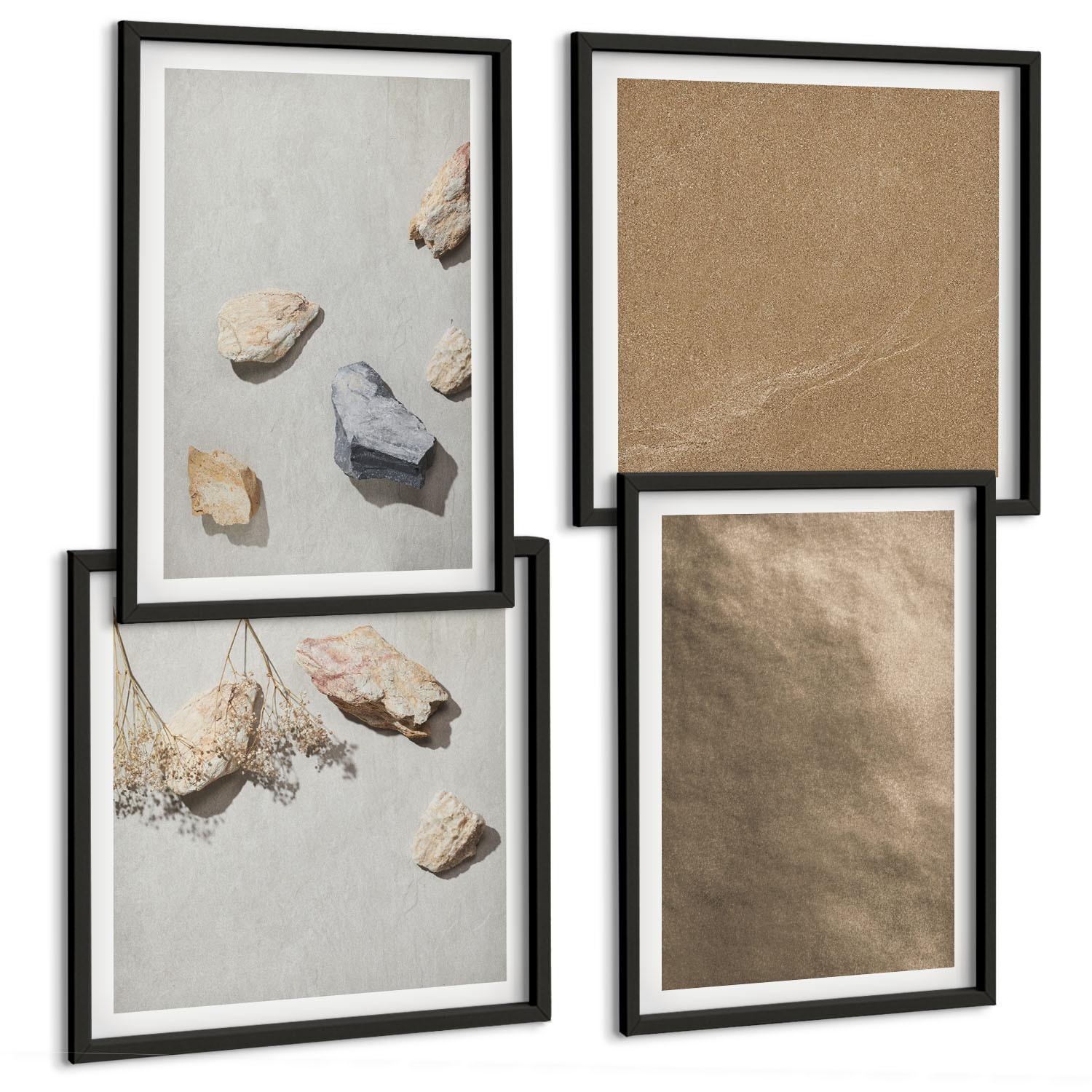 BILDER SET 4er Set - 50x50 cm & 40x60 cm Schwarzer Rahmen - Strandsteine natürliche Strukturen - Schwarz, Kunststoff (50/50cm) - TULUP