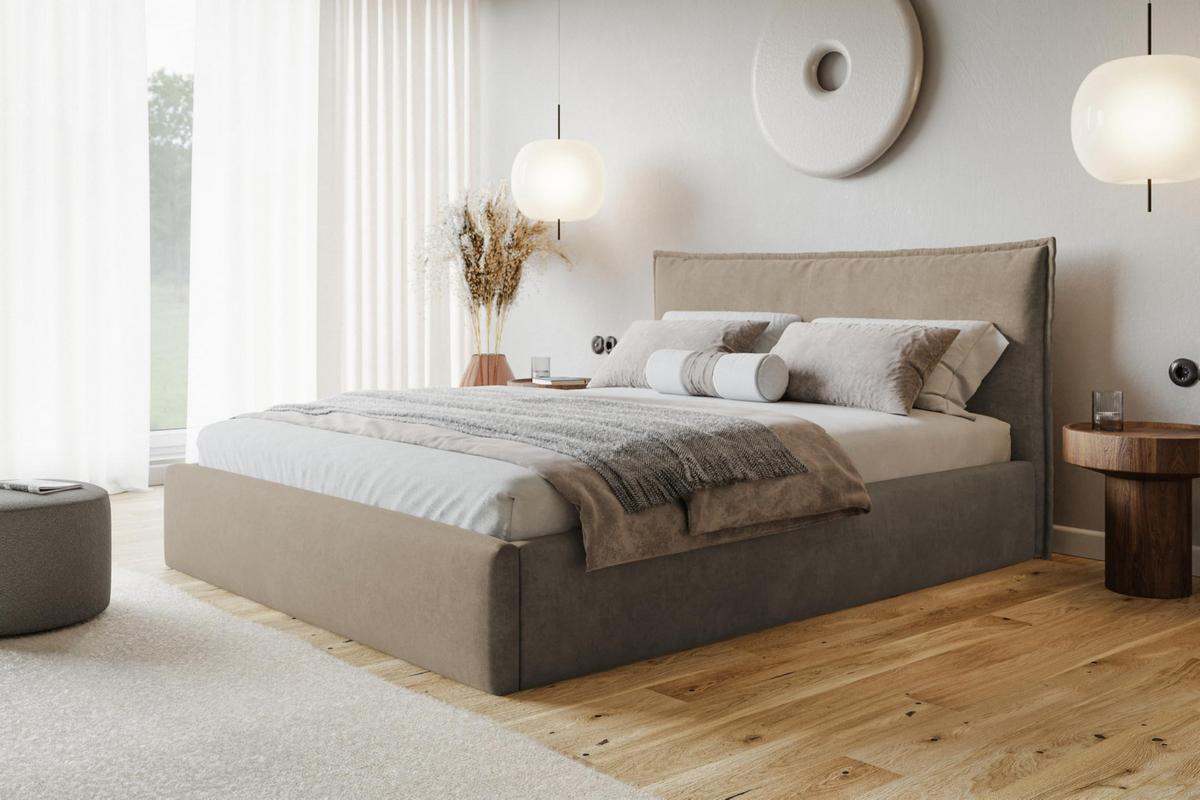 BETT 120x200 - Polsterbett mit Bettkasten und Holzrahmen - Modern Betten - Weicher Jasminstoff - Kollektion Rimini - Beige - Beige, Holz/Textil (120/200cm) - Alpi-Möbel