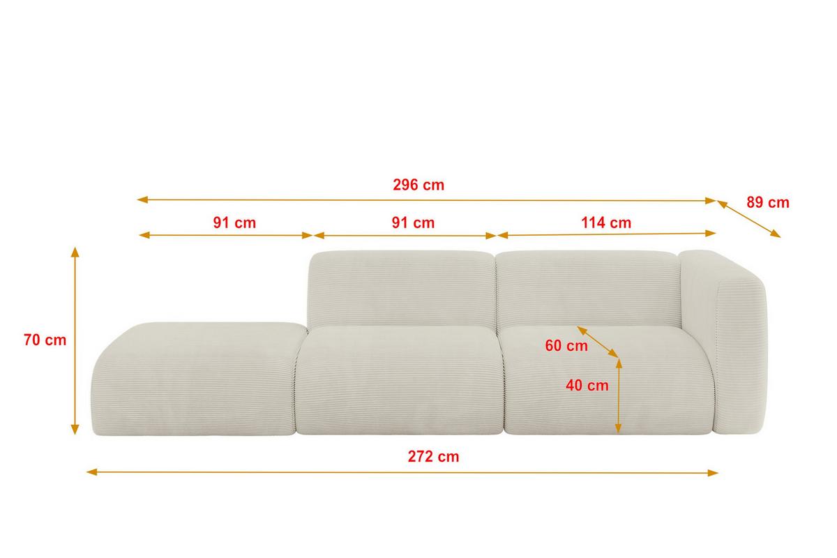 SOFA Ottomane Rechts MIRA-S3 296x89x70 Creme Cord - Ecru/Creme, Holzwerkstoff/Kunststoff (296/70/89cm) - ALTDECOR