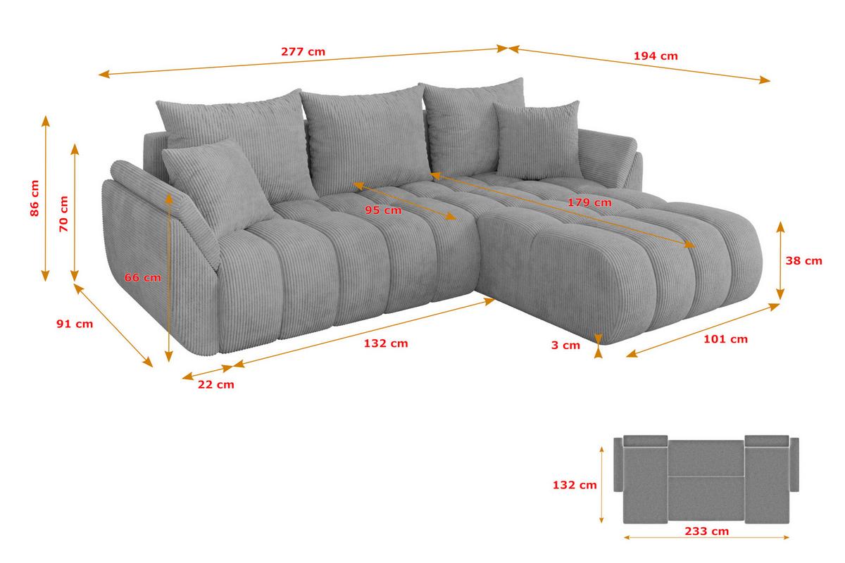 ECKSOFA mit Schlaffunktion Ottomane Rechts TOKO-L-v1 277x194x86 Grau Cord - Schwarz/Grau, Holzwerkstoff/Kunststoff (277/194cm) - ALTDECOR