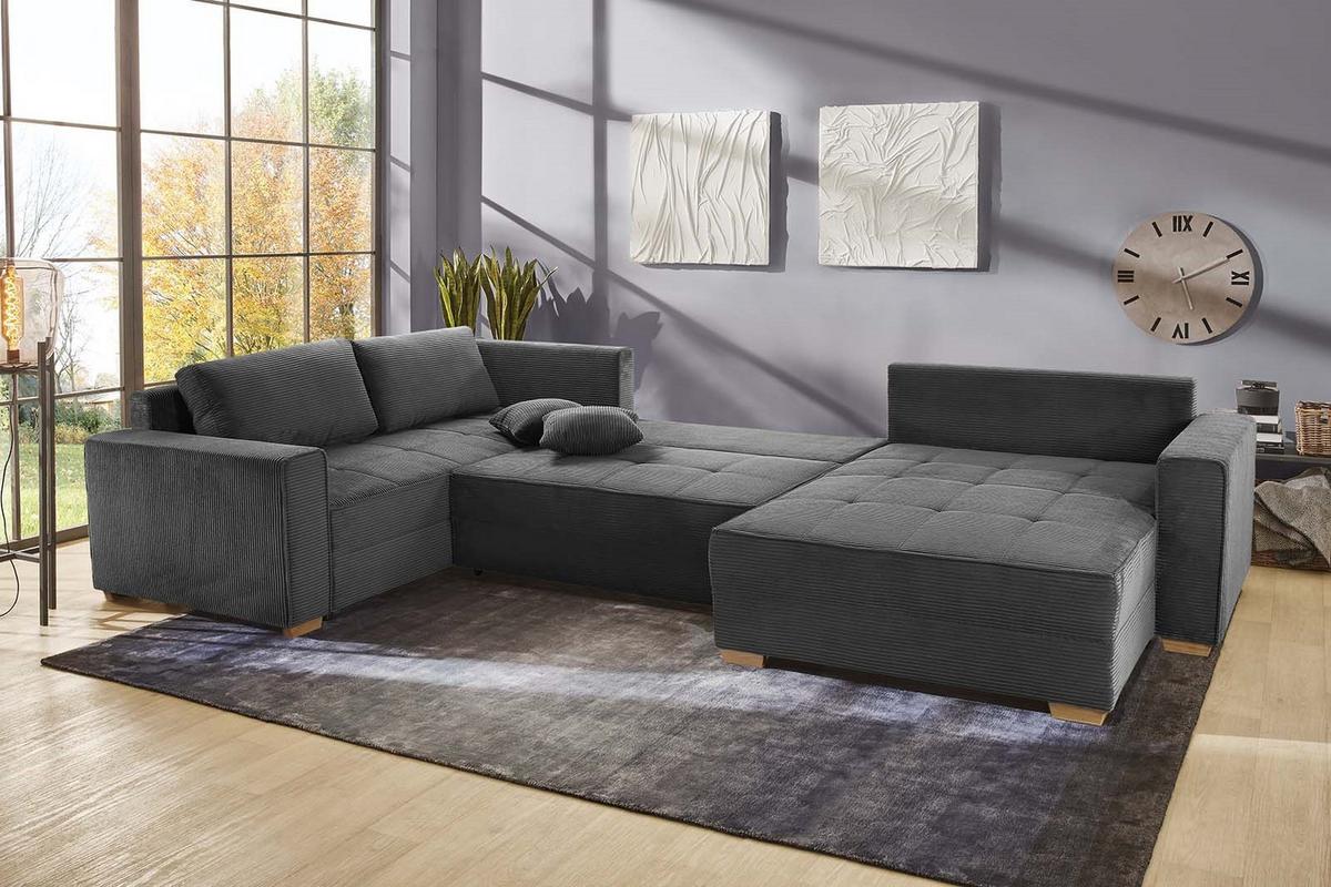 WOHNLANDSCHAFT Schlaffunktion Bettkasten Wellenunterfederung, spiegelverkehrt montierbar U-Form B379/T227/H86 cm, Cord Dunkelgrau / 15198 - Dunkelgrau/Eichefarben, Holz/Textil (379/86/227cm) - luma-home