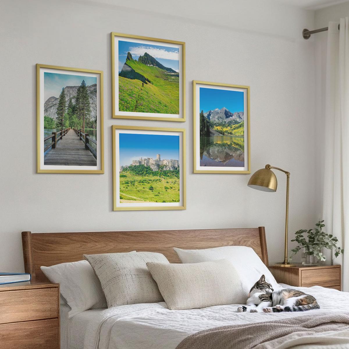 BILDER SET 4er Set - 50x50 cm & 40x60 cm Goldrahmen - Grüne Hügel mit einer Burg - Goldfarben, Kunststoff (50/50cm) - TULUP