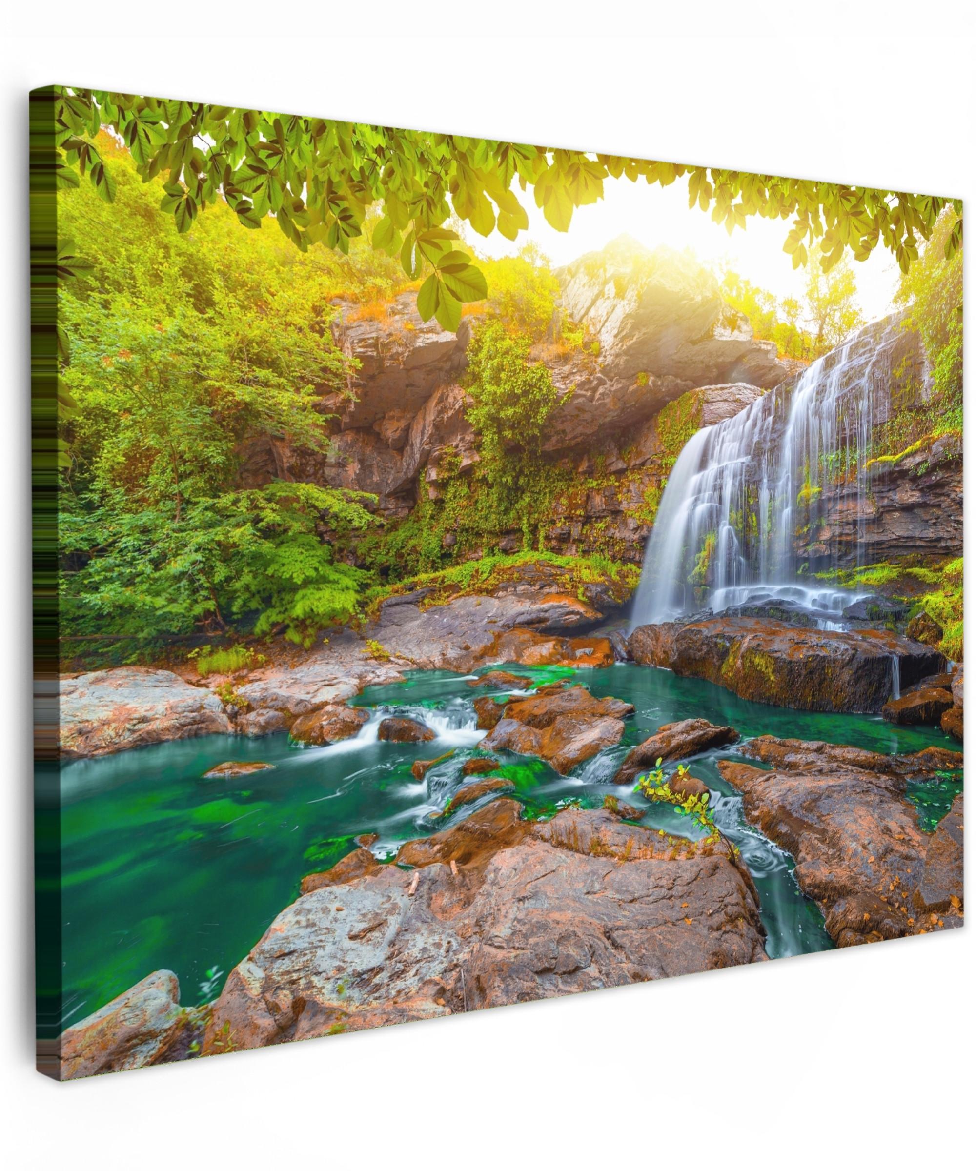 LEINWANDBILD Natur - Wasserfall - Pflanzen - Bäume - Sonne Wandbilder 80x60 cm - Olivgrün, Textil (80/60cm) - MuchoWow