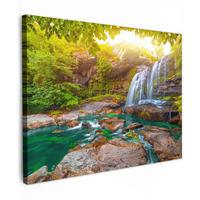 LEINWANDBILD Natur - Wasserfall - Pflanzen - Bäume - Sonne Wandbild 40x30 cm - Olivgrün, Textil (40/30cm) - MuchoWow