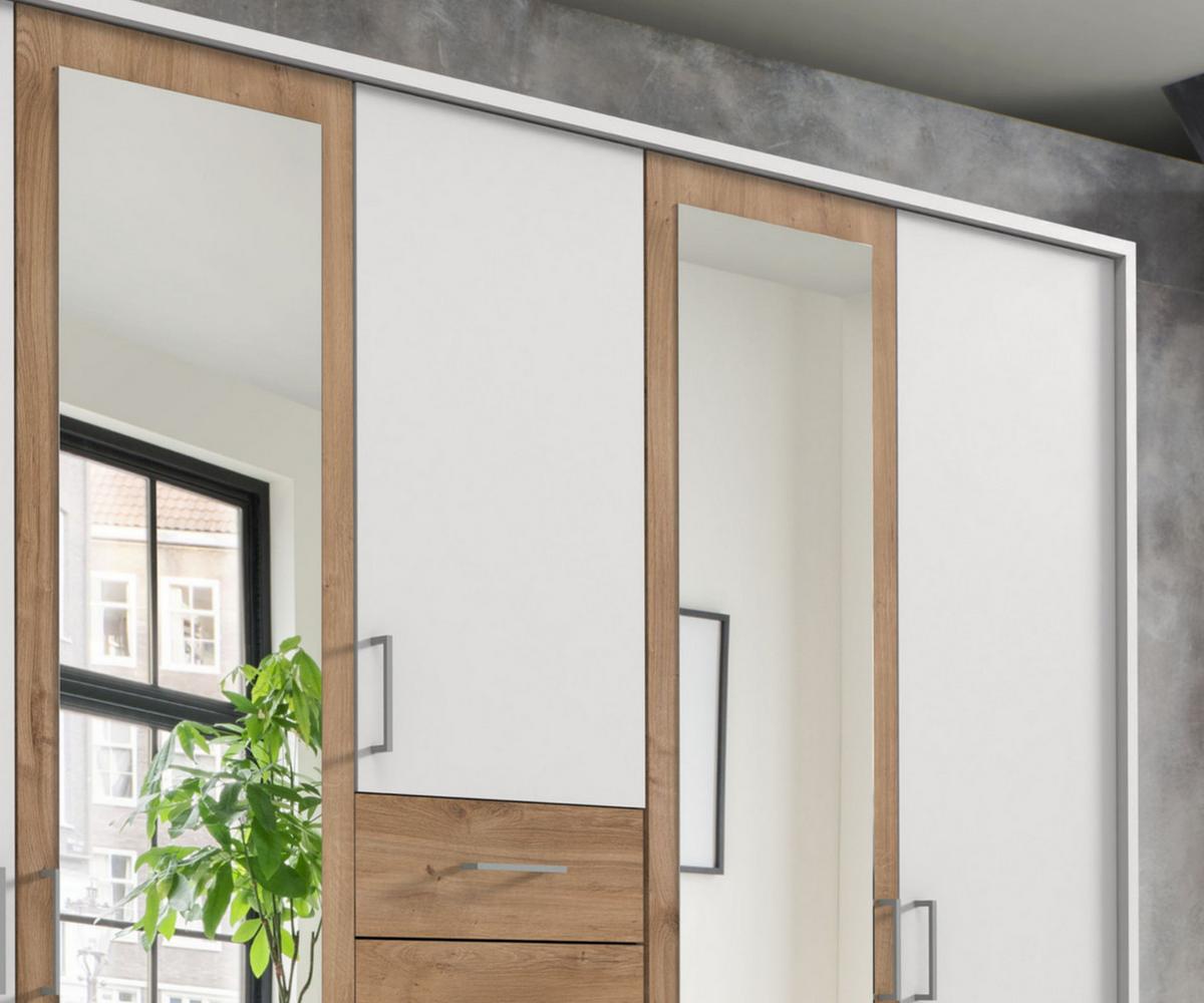 DREHTÜRENSCHRANK Kleiderschrank B228/H210/T58 cm mit Passepartout, Schubkästen & 2 Spiegeltüren, Weiß mit Absetzungen in Eiche Dekor / 22599 - Eichefarben/Silberfarben, Holzwerkstoff/Kunststoff (228/210/58cm) - luma-home