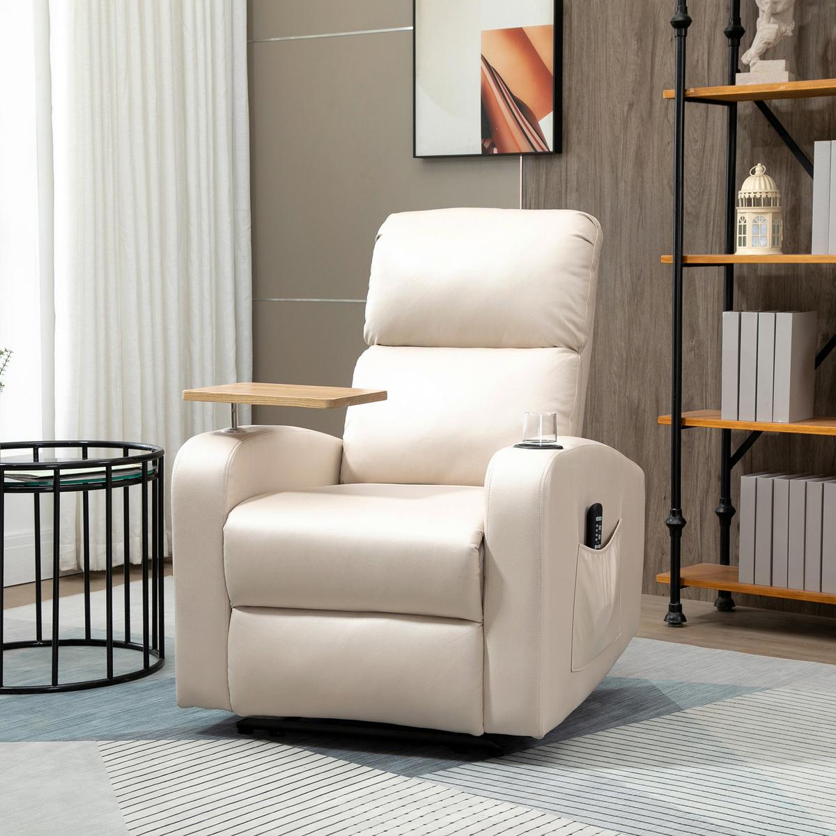 RELAXSESSEL Massagesessel Fernsehsessel mit Massagefunktion, Drehbarer Tisch - Beige, Metall (93/105/77cm) - HOMCOM