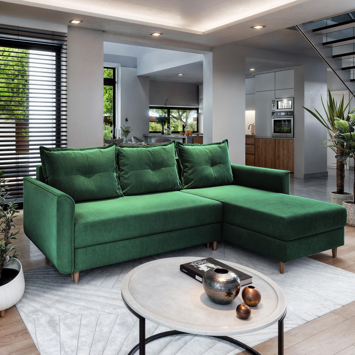 ECKSOFA PISAN R-S Grün Plüsch-Stoff mit Schlaffunktion - Braun/Grün, Holz/Textil (220/140cm) - MASSENO