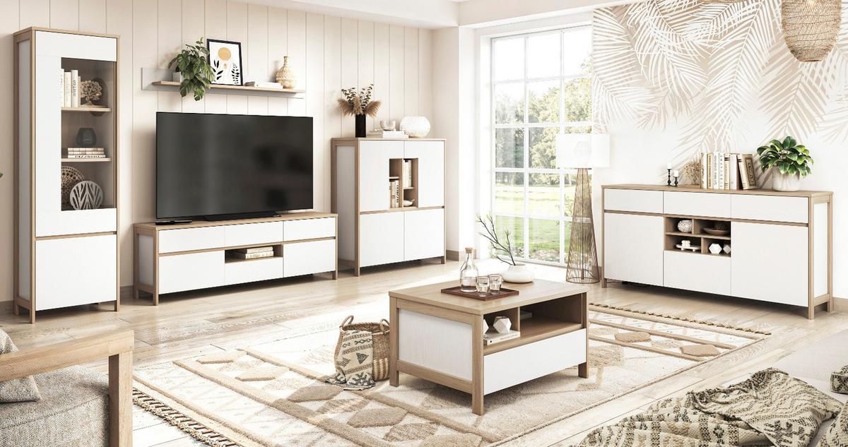 COUCHTISCH weiß und Eiche, Beistelltisch skandinavisch, 80 x 60 cm, Soft-Close, Finnes - Eichefarben/Weiß, Holzwerkstoff (60/80/46cm) - Furn.Design