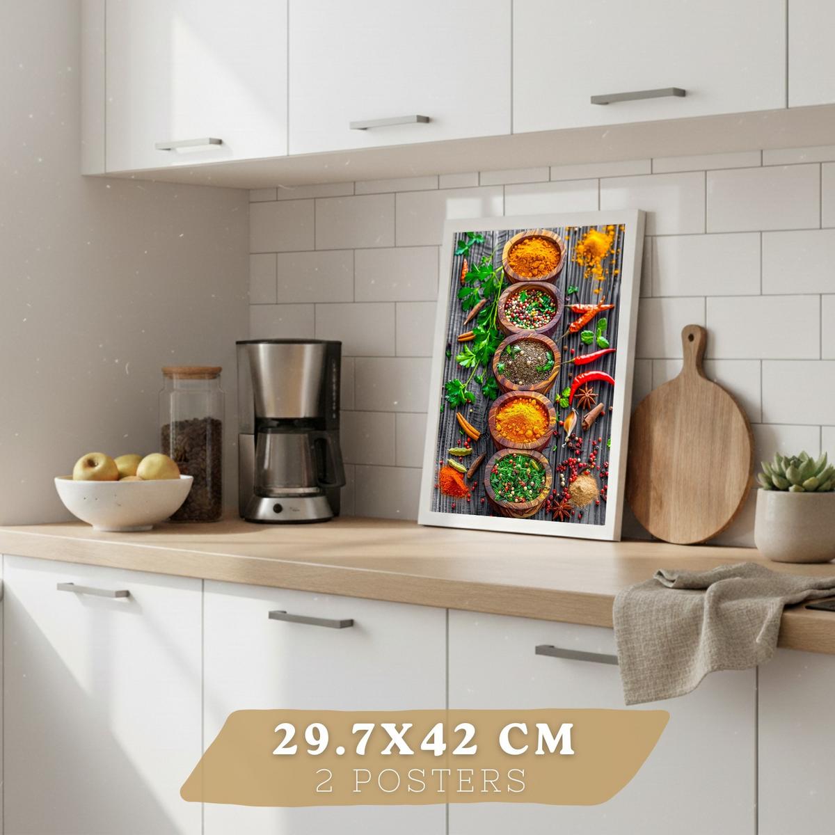 POSTER 2er Set Küchen-Wandbilder Cocktail Aperol und Gewürze Warme Farbtöne Esszimmer Wanddeko Weißer Rahmen A3 - Weiß, Papier (29.7/1/42cm) - Nacnic