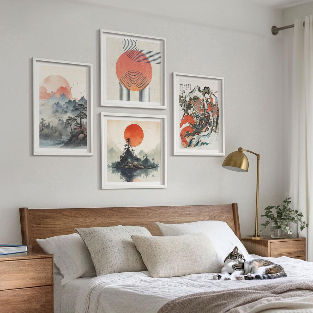 BILDER SET 4er Set - 50x50 cm & 40x60 cm Weißer Rahmen - Asiatische Landschaften Japandi - Weiß, Kunststoff (50/50cm) - TULUP