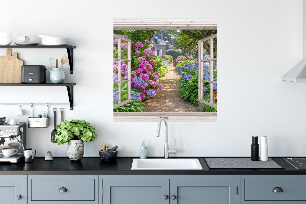 WANDTATTOO Hortensie - Durchsichtig - Blumen - Sommer - Lila - Weg Wanddeko 50x50 cm - Lila, Kunststoff (50/50/0.1cm) - MuchoWow