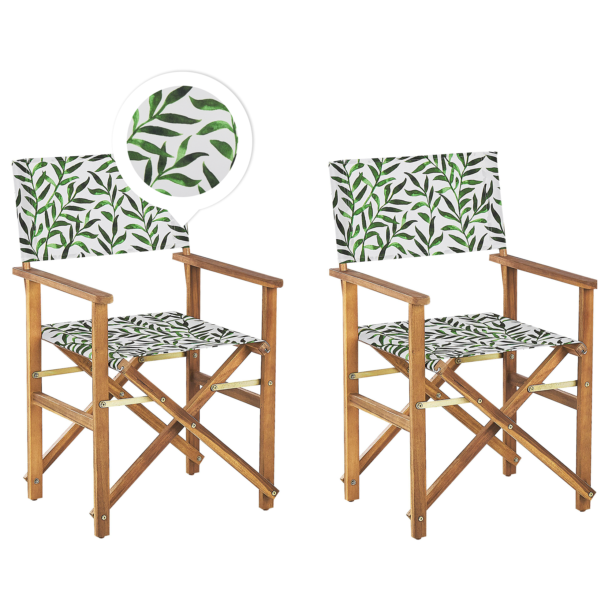 GARTENSTUHL 2er-Set Akazienholz hellbraun Auflagen cremeweiß/grün Blattmuster Cine - Hellbraun/Creme, Holz (50/91/50cm) - Beliani