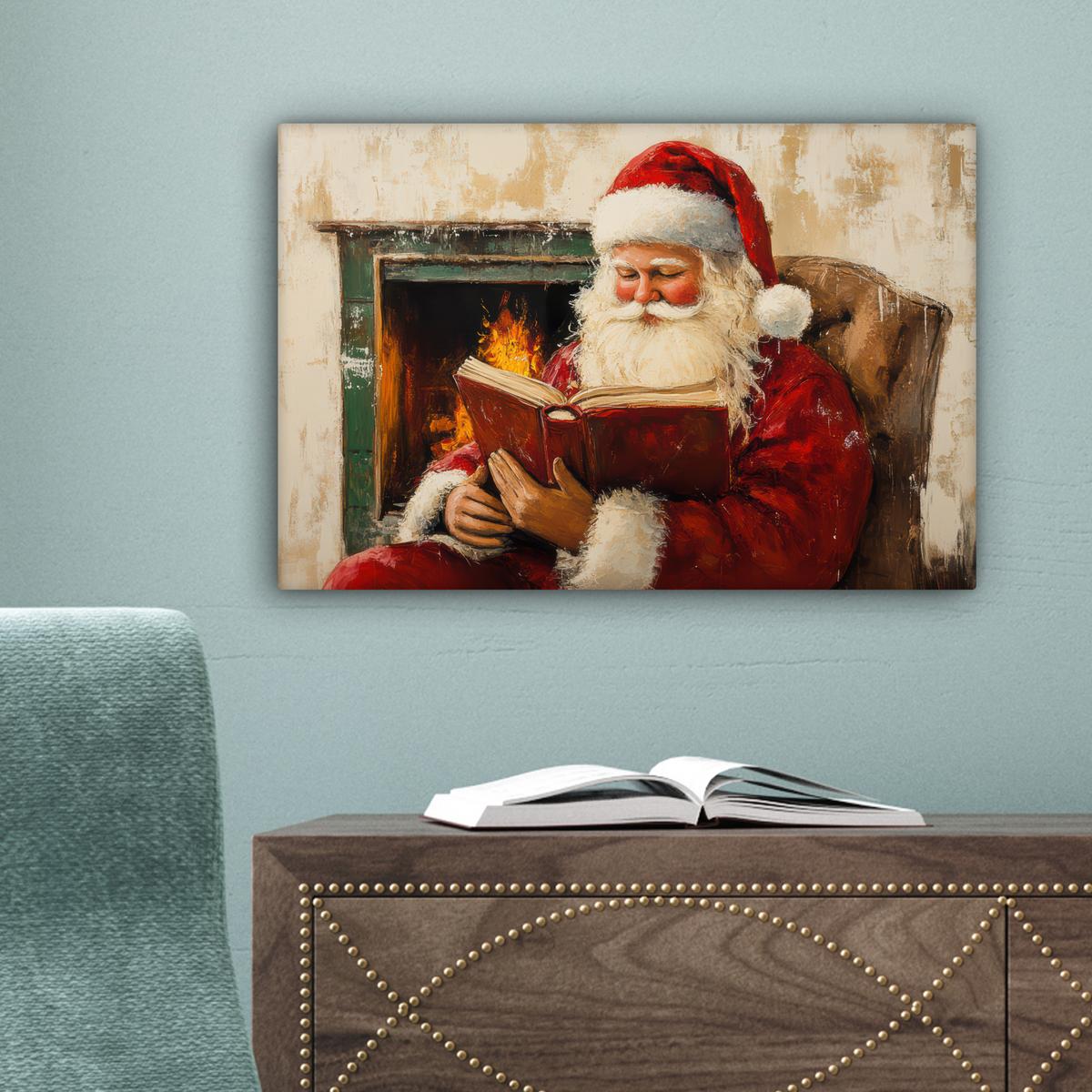 LEINWANDBILD Weihnachten - Weihnachtsmann - Winter - Open Fireside Deko Schlafzimmer 30x20 cm - Dunkelrot, Textil (30/20cm) - MuchoWow